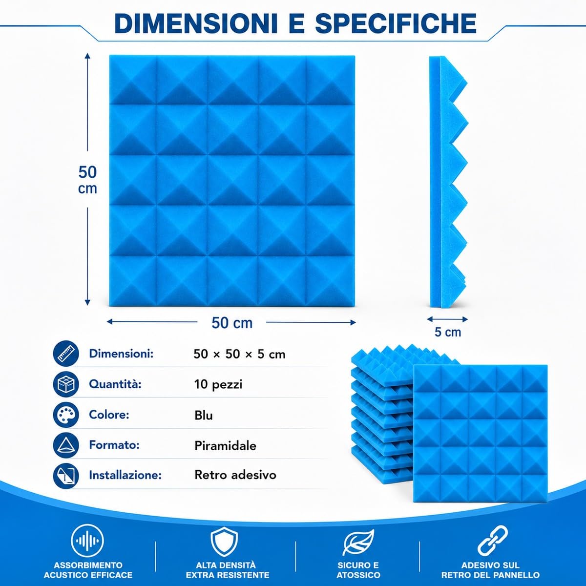 Pannelli Fonoassorbenti Blu 50X50X5Cm con Adesivo 10 Pezzi per Home Theater Studio Musica Registrazione Audio Riduzione Rumore Gaming Assorbimento Acustico Professionale