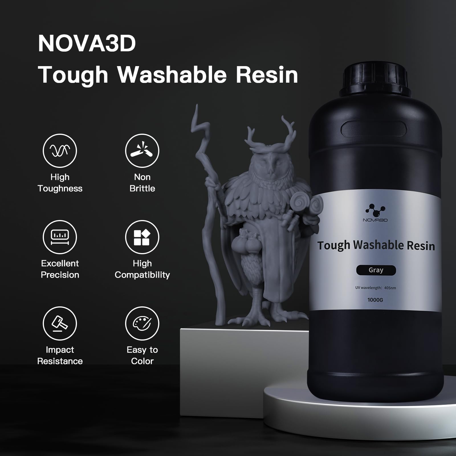 NOVA3D Resina fotopolimerica lavabile in acqua, resina fotopolimerizzante LCD UV, 405 nm, per stampa 3D LCD, elevata durezza e precisione, durezza e resistenza agli urti, facile stampa, resina a basso