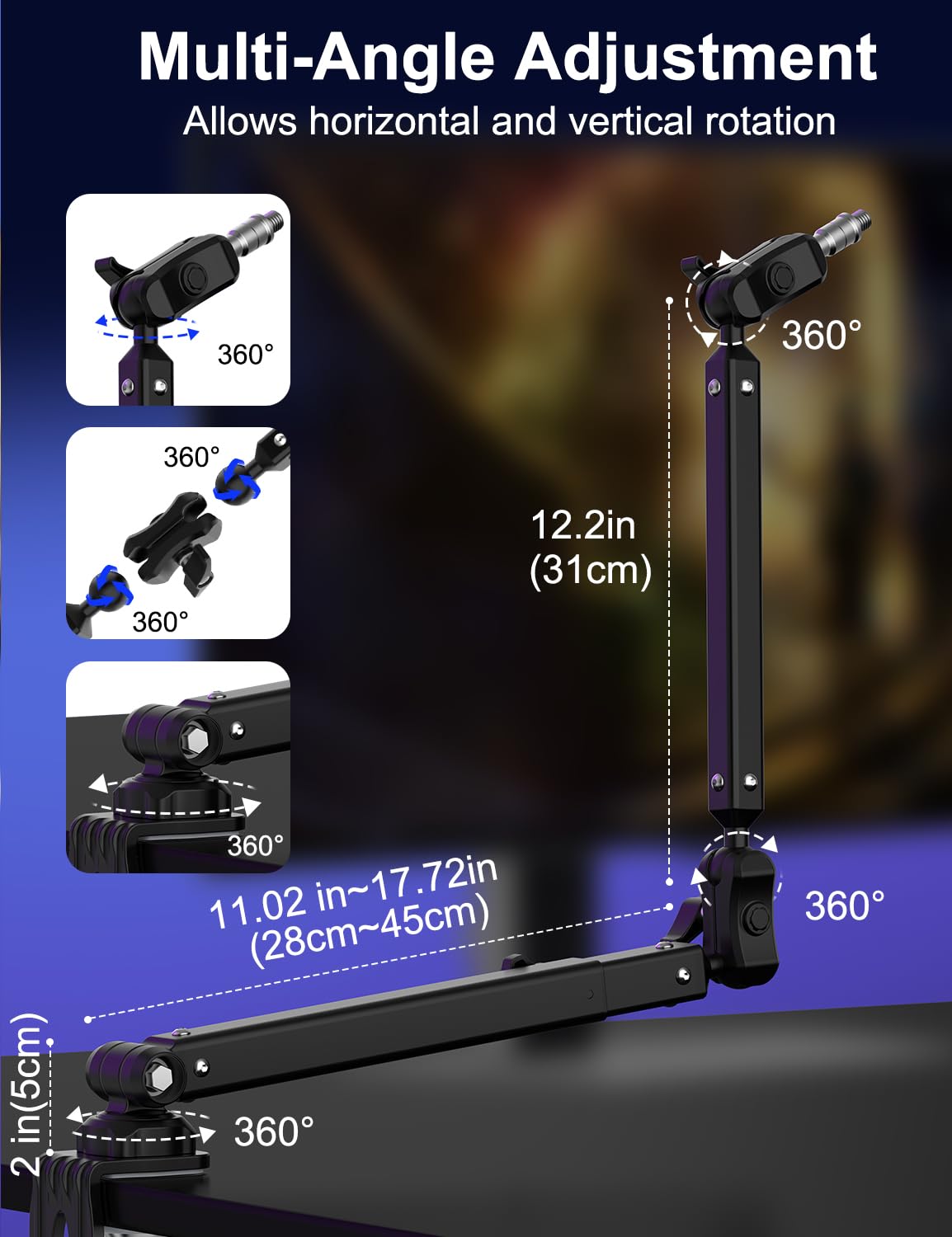 Brazo de micrófono Boom, soporte plano ajustable para micrófono con clip de micrófono, giratorio 360°, adaptador de tornillo, gestión de cables, para podcast, streaming, juegos, estudio.