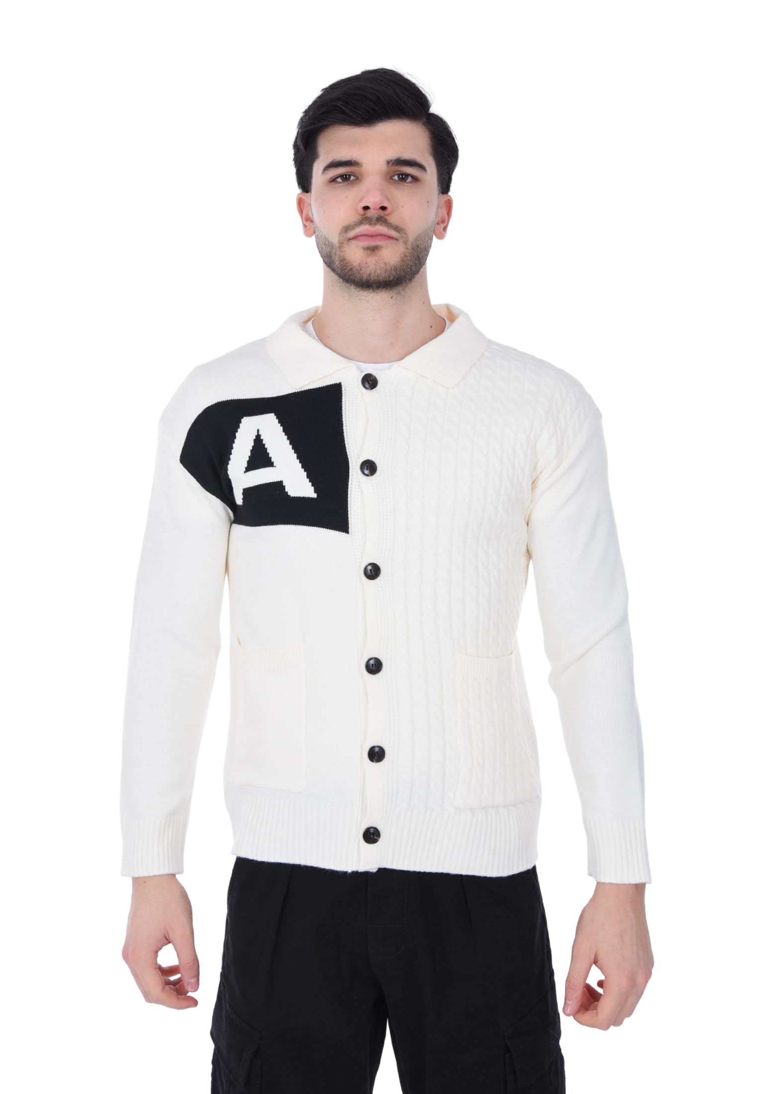 Ciabalù Cárdigan de hombre elegante de invierno con cuello y trama trenzada Jersey cálido con cierre de botones Jersey Slim Fit