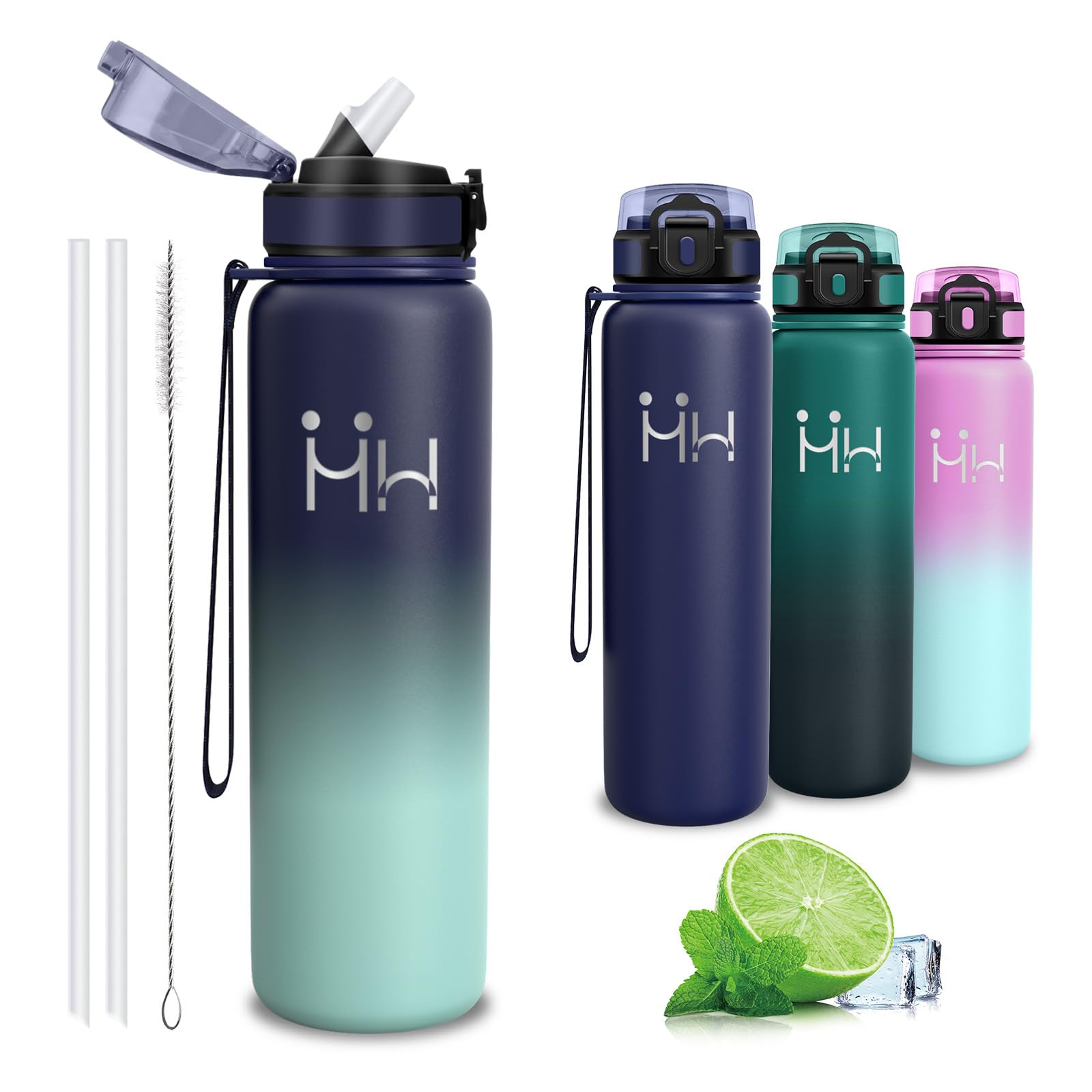 Stainless Steel Drinking Bottle 1L with Straw for Yoga Fitness