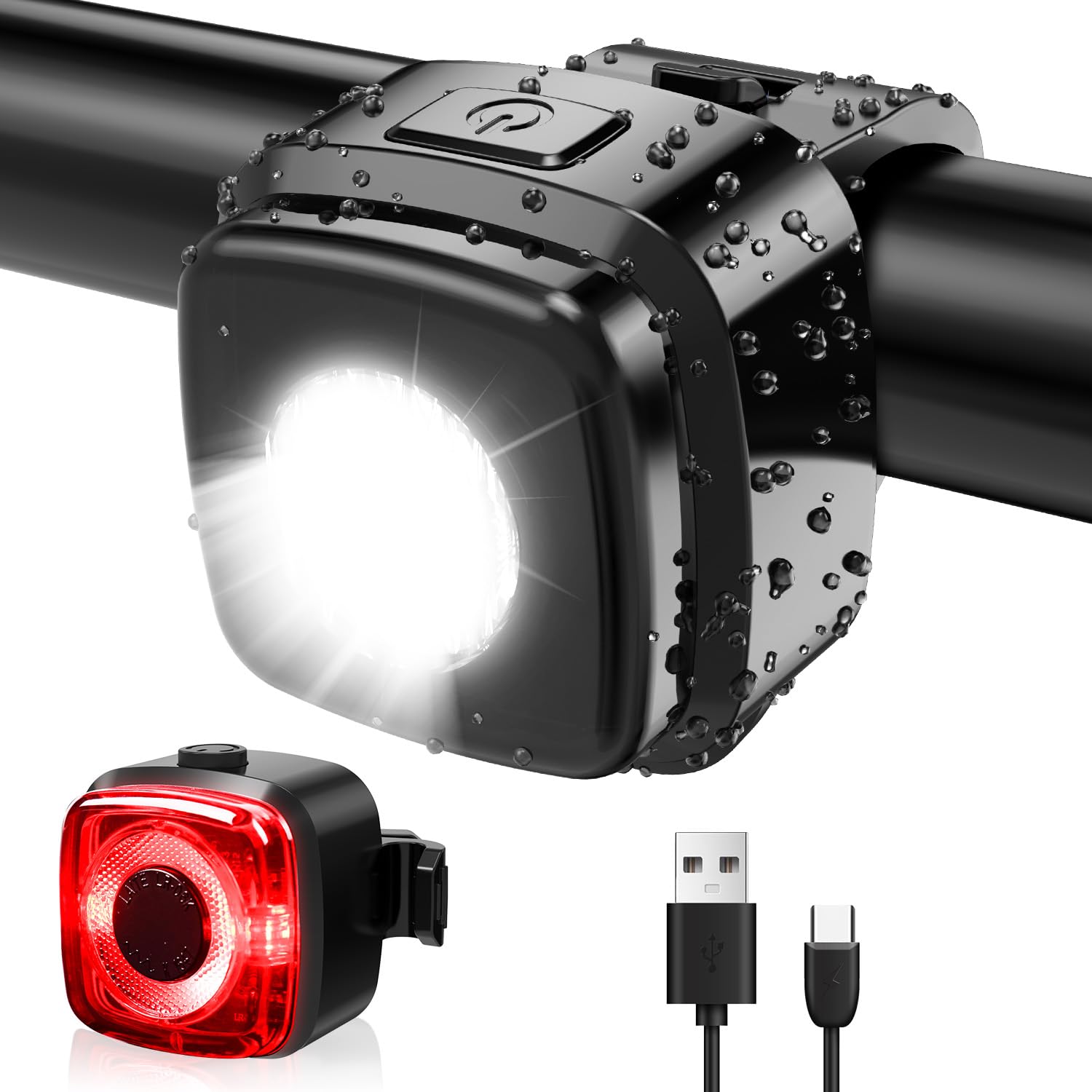 Antimi Zestaw świateł rowerowych, dopuszczony do ruchu drogowego, zestaw oświetleniowy LED IPX5, światło przednie + tylne światło rowerowe, zestaw USB typu C