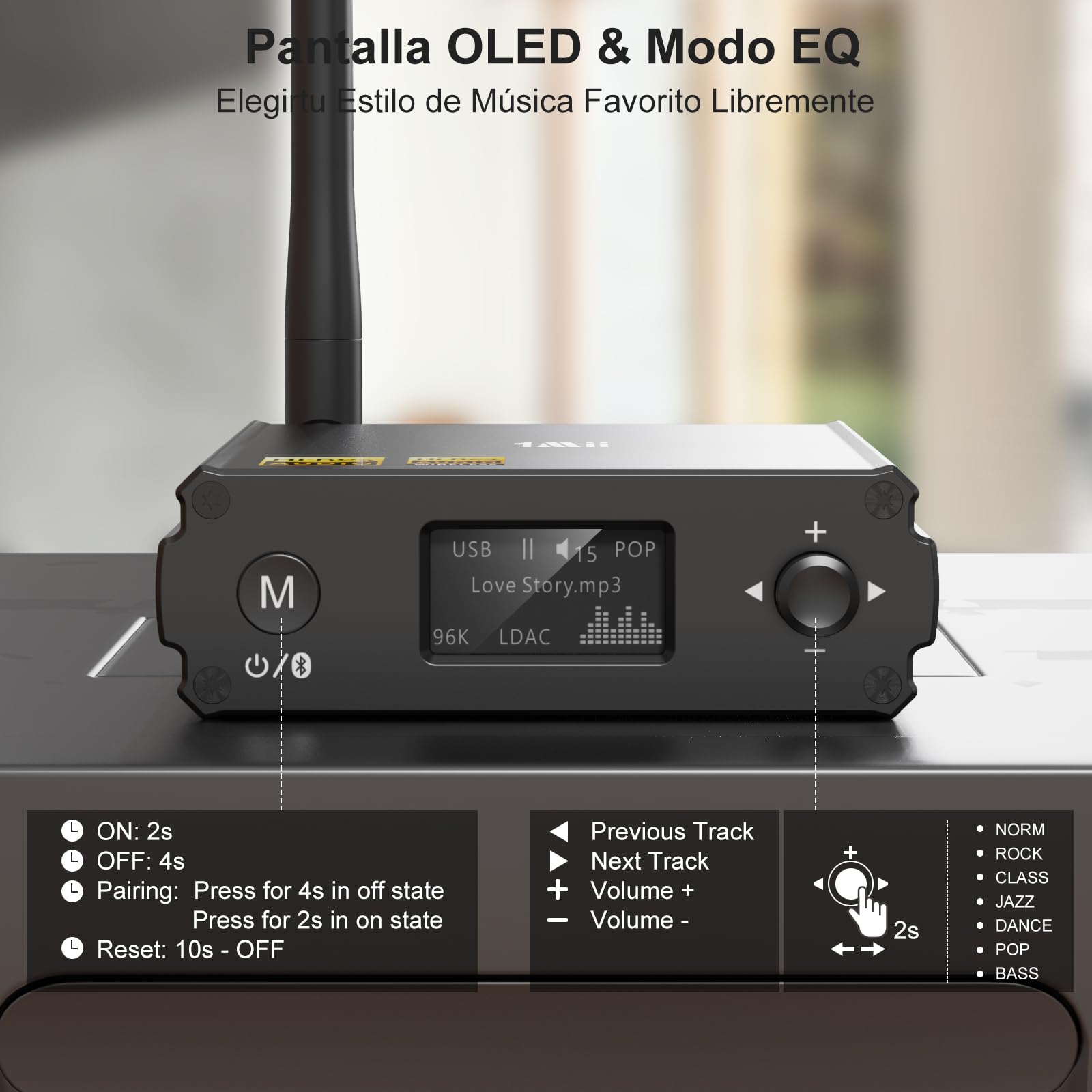 1Mii DS220 Receptor Bluetooth HiFi, Adaptador Bluetooth 5.3 Audio con DAC Audiófilo, Hi-Res LDAC/aptX HD/Baja Latencia, con Salida Óptica/RCA, Modo EQ Pantalla OLED para Estéreo