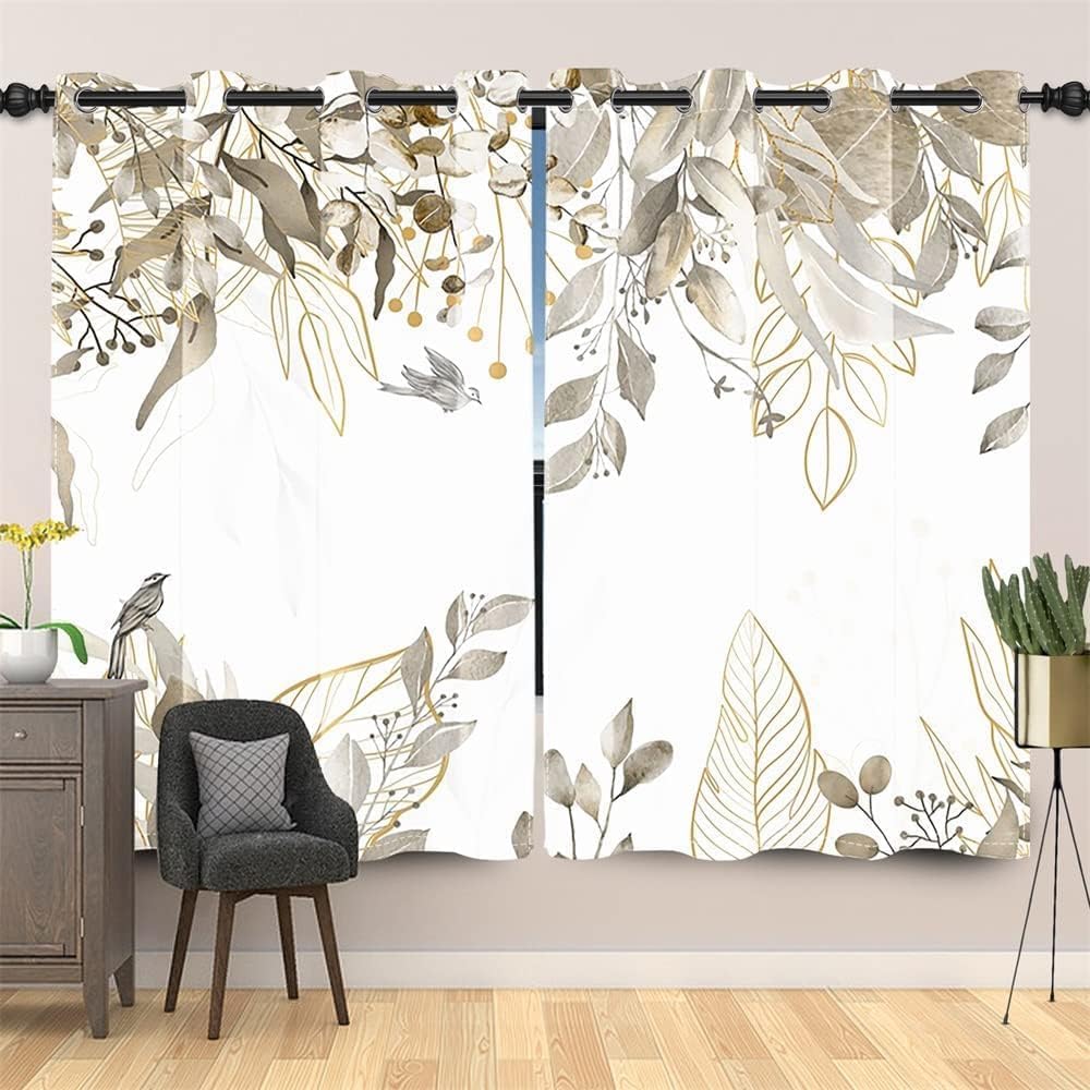 Gardinen Eukalyptus, Vorhänge Grau Blätter Blumenmuster Ösenvorhang Blickdicht Thermogardinen Fensterschal Verdunklungsvorhänge für Wohnzimmer Schlafzimmer Kinderzimmer, 2er Set, 135Bx215Hcm