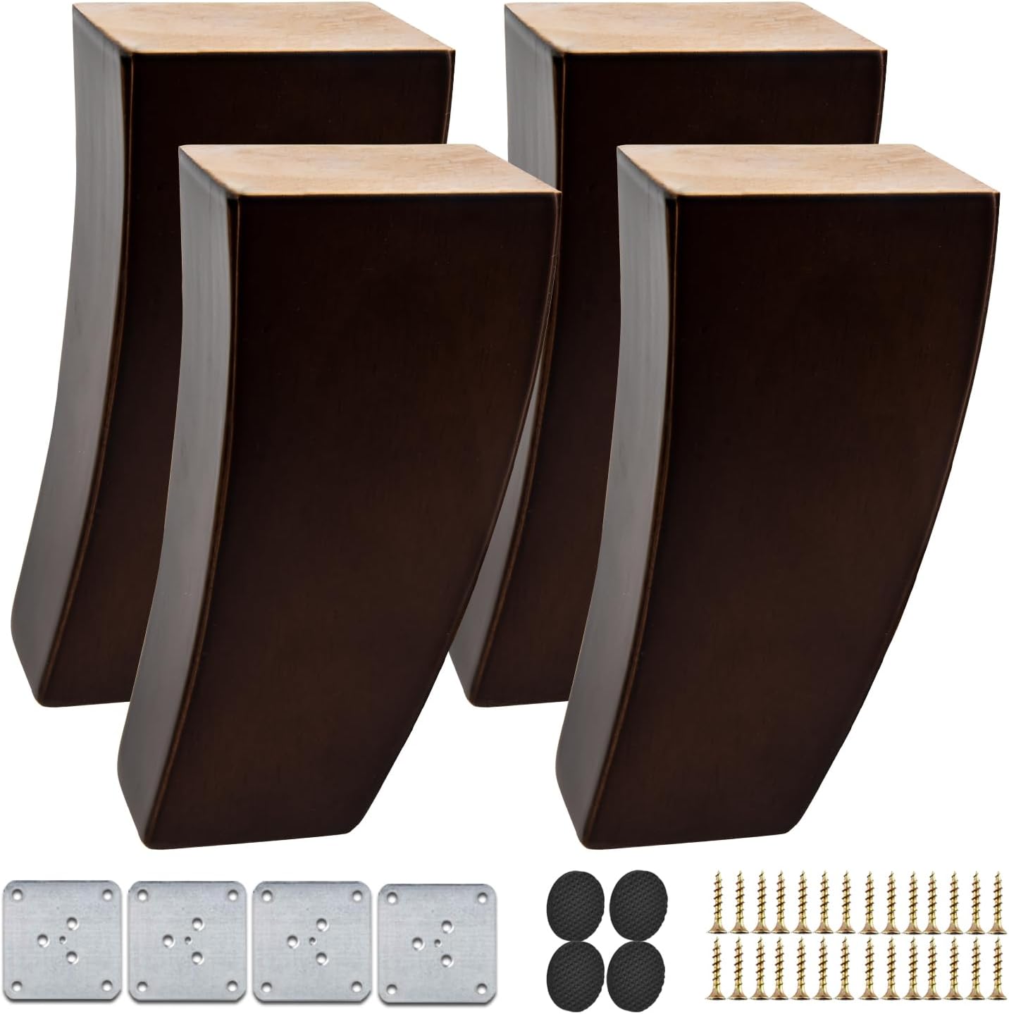 6 inch / 15cm Wooden Furniture Legs, Set of 4 Mid Century Modern Solid Wood Walnut Curved Pyramid Square DIY Replacement Feet for Sofa Couch Armchair Bed Recliner Riser