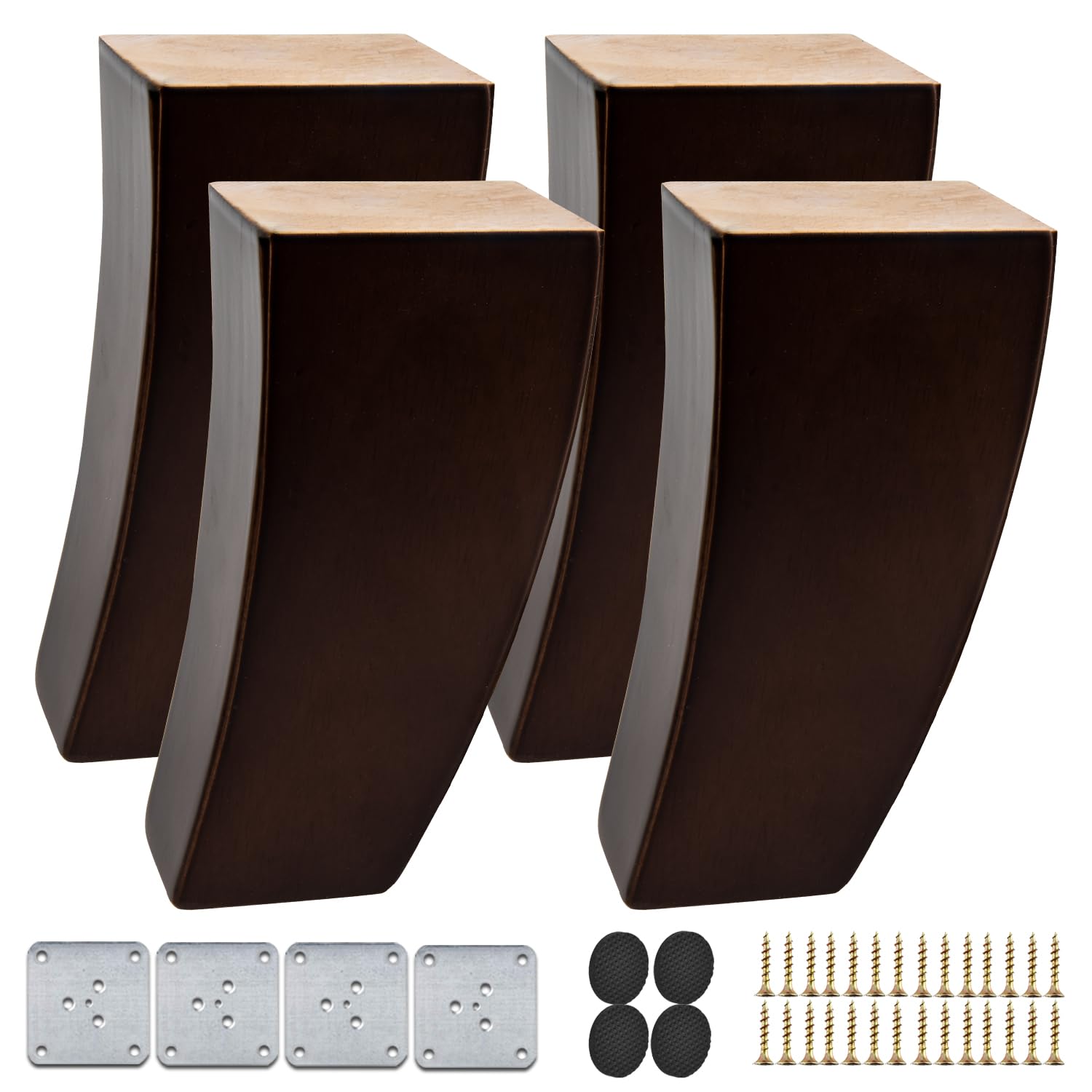 TCHOSUZ 6 inch / 15cm Wooden Furniture Legs, Set of 4 Mid Century Modern Solid Wood Walnut Curved Pyramid Square DIY Replacement Feet for Sofa Couch Armchair Bed Recliner Riser