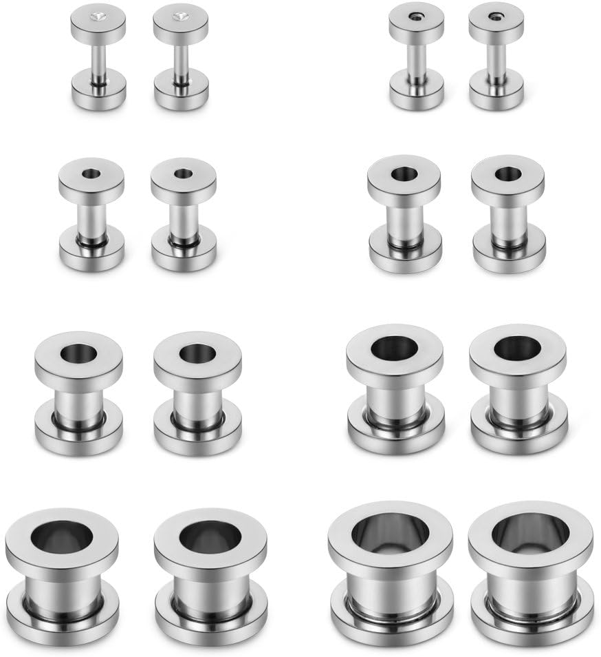 SCERRING 16PCS Screw Ear Tunnels Stretching Kit Stainless Steel Gauge Plugs Expanders Set 14G-00G
