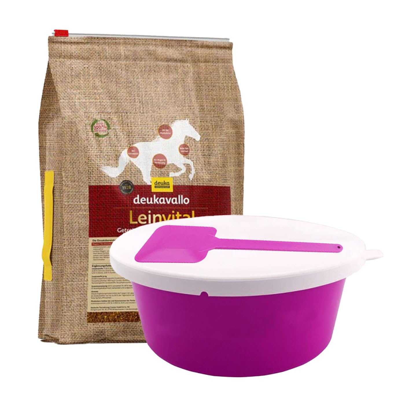 Futterset Pferd – deukavallo Leinvital Leinsamen Mash getreidefrei 6kg + 5L Futterschale mit Deckel & Mashlöffel – Verdauungsförderndes Pferdefutter für empfindliche Pferde & Fellwechsel (Pink)