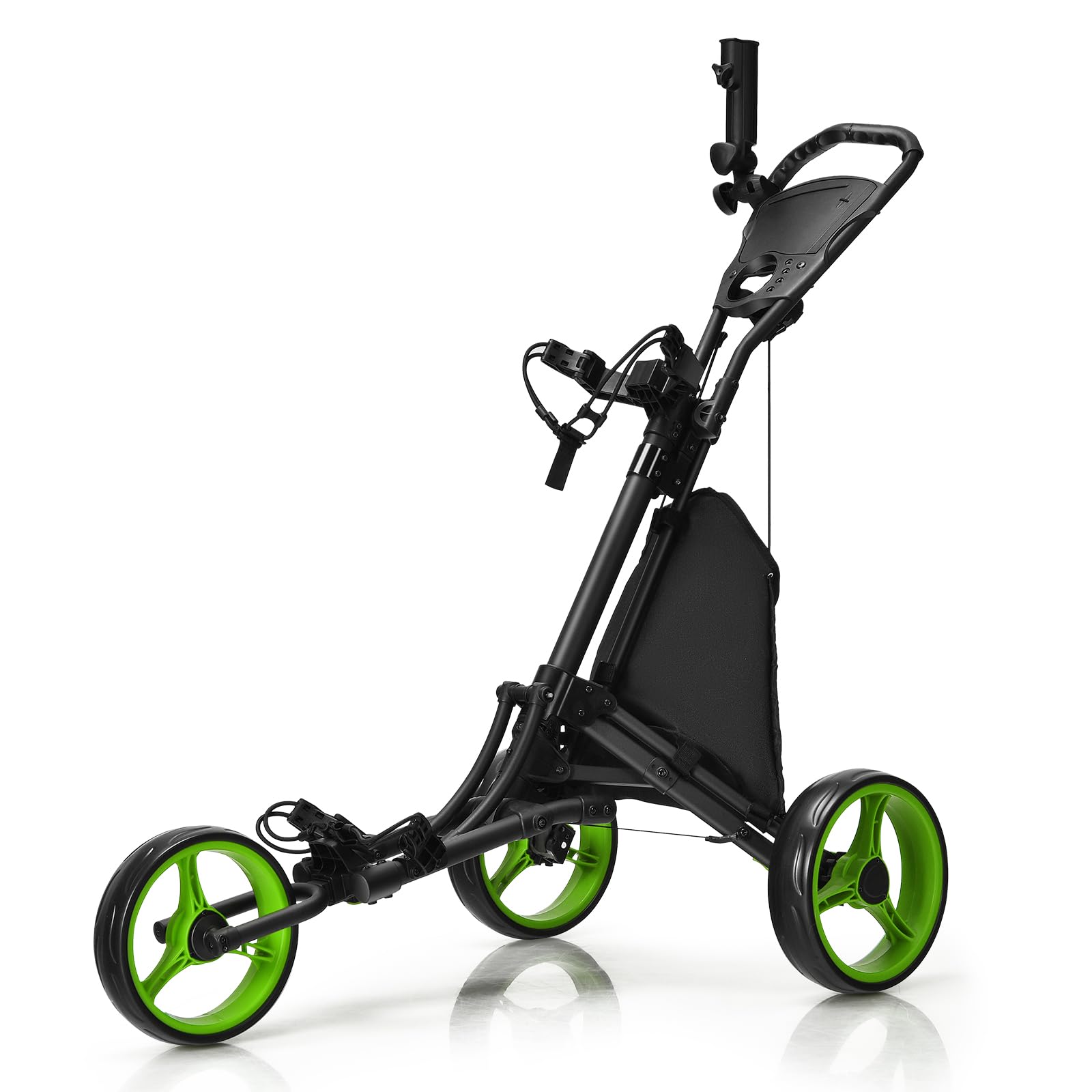 LIFEZEAL Carrello da golf pieghevole, 3 ruote Golf Push Cart con freno a pedale, carrello da golf con 3 posizioni regolabili in altezza, pieghevole con portaombrelli e portabottiglie e borsa