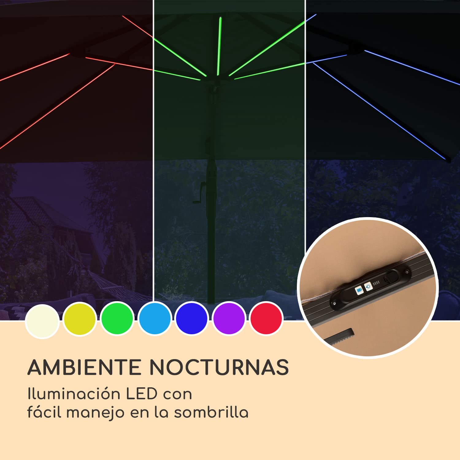 blumfeldt Sombrilla Terraza Exterior, Parasol Jardin con Panel Solar y LED, Sombrilla Jardin y Patio, Sombrillas Terraza Resistentes al Agua y a los Rayos UV, Sombrillas Ajustables sin Base