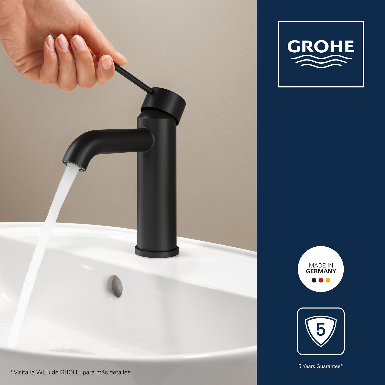 GROHE Essence – Grifo Monomando de Lavabo con Vaciado Push-Open (Tamaño S 208 mm, Palanca Metálica, Cartucho Cerámico 28 mm, Ahorro de Agua y Energía, Flexibles 3/8"), Negro Mate, 237972431