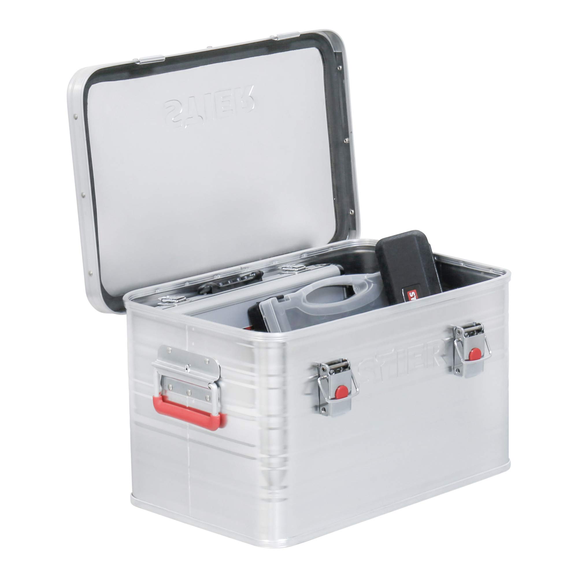 STIER Alubox Set, Aluminiumbox 50L 85L und 135L, stapelbare Transportkisten, Staub- und spritzwasserresistent mit Gummidichtung und Klapphandgriffen, für Transport und Lagerung