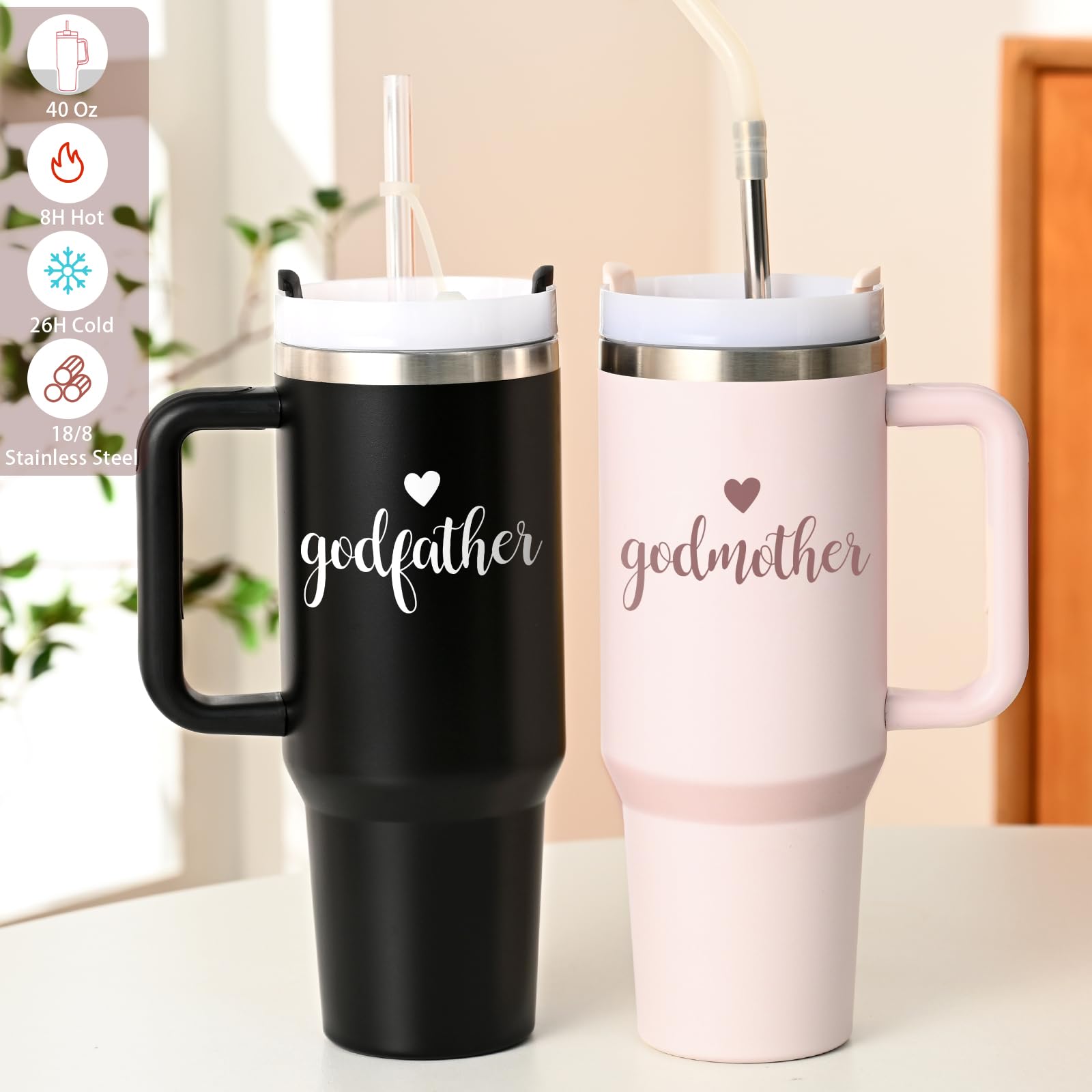 LiqCool Godparents Proposal Gift, 40 Oz Godmother and Godfather Set of 2 Tumblers, Godparents Christening Gifts Ideas from Godchild, Best Christmas Birthday Gifts for Godparents(Black & Pink)