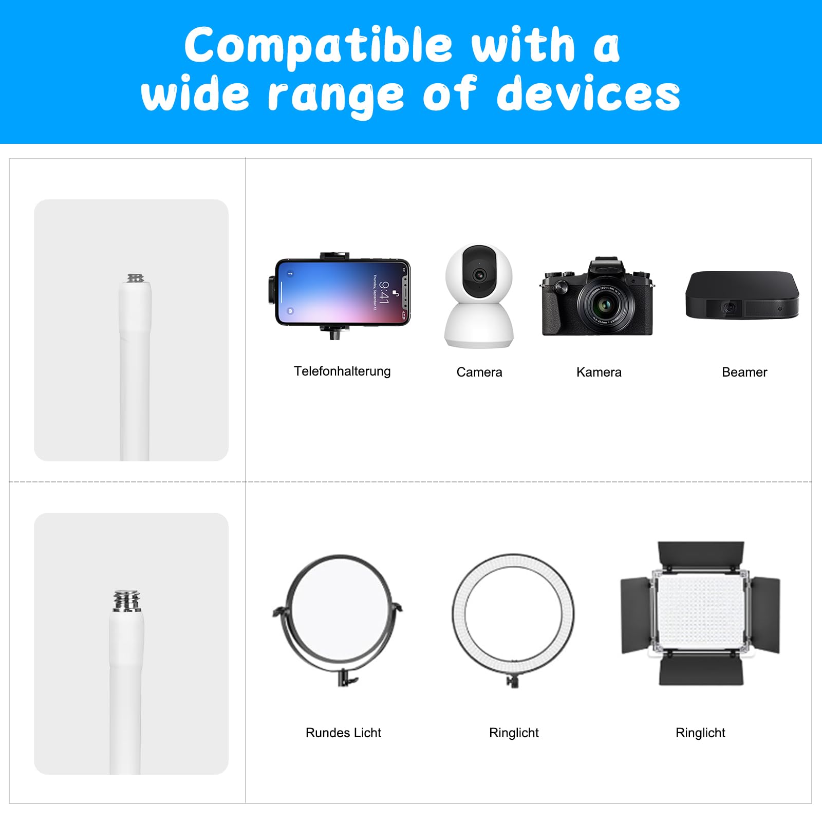 Supporto per Webcam, Filettatura da 1/4" Supporto a Collo d'oca Flessibil Con 2 Filettatura da 3/8", Fotocamera, Braccio per Fotocamera per Phone Webcam Luce Anulare (Bianco)