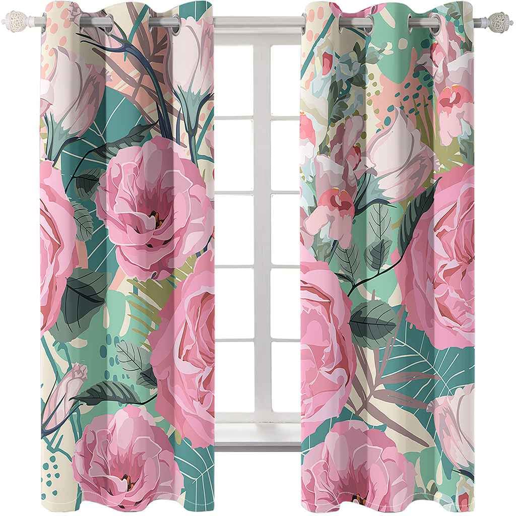Modernas Cortinas Dormitorio Juvenil Impresión 3D Arte Floral Rosa 300x280cm Ojales Cortinas Opacas 2 Piezas para Dormitorio Habitación De Los Niños Cortina Decoración del Salón