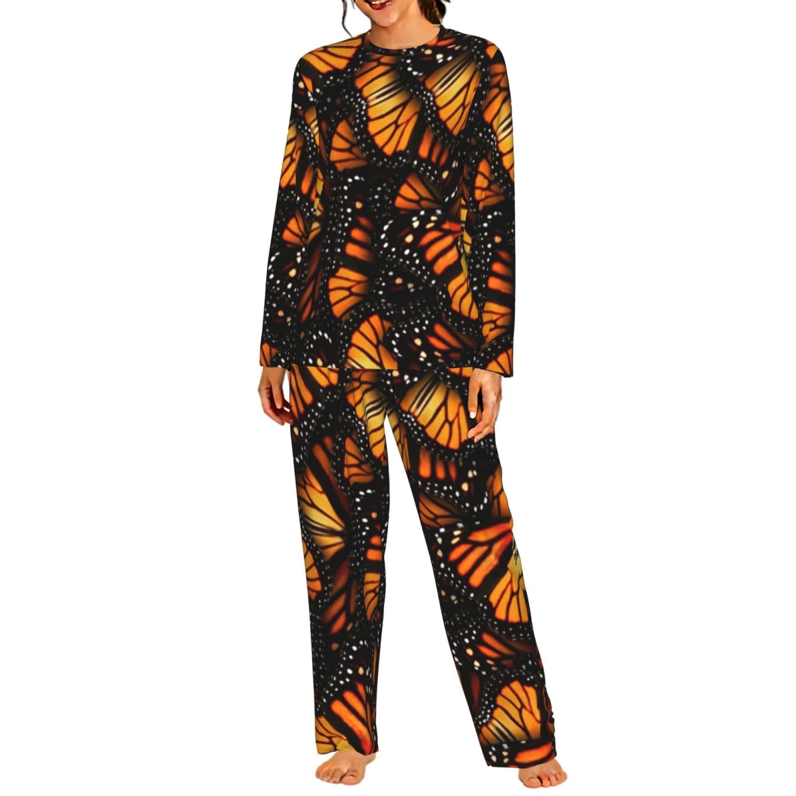 Heaps Of Orange Monarca Farfalle Stampa Donna Manica Lunga Pigiama Set Morbido Elastico Coulisse Casual Daywear