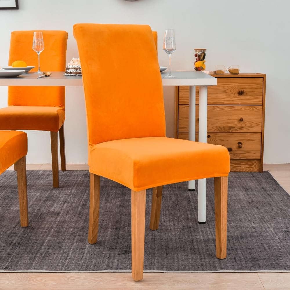 Juego de 2 fundas para sillas de comedor de terciopelo naranja, elegantes protectores de asiento de cocina con respaldo, perfectas para decoración de comedor y protección de muebles