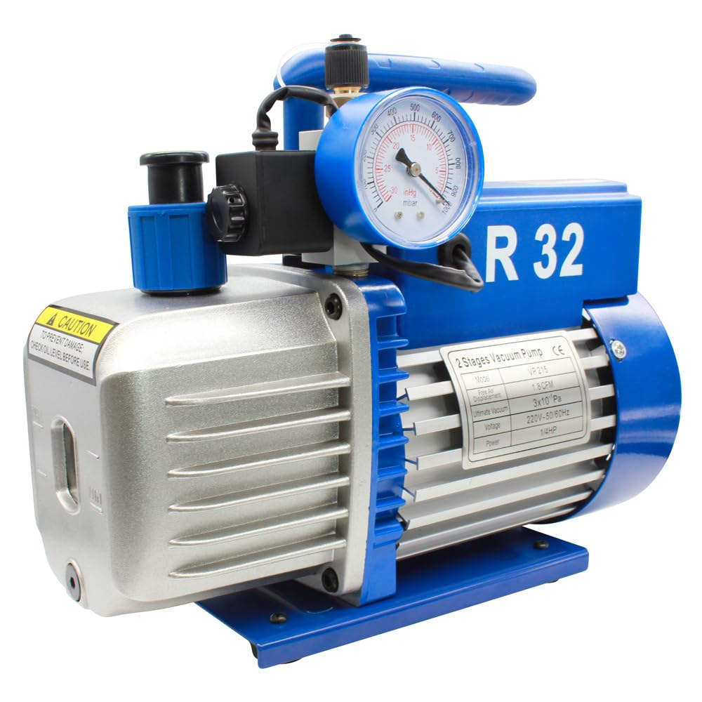 Bomba de Vacío de Doble Efecto para Aire Acondicionado R32 VP215 Bomba de Vacío Coche con Válvula Solenoide Manómetro para Mantenimiento de Aire Acondicionado Portátil para Refrigeración
