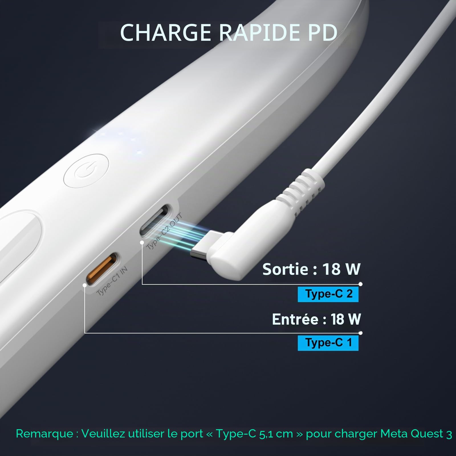 NEWDERY Batterie pour Meta Quest 3S/3, 10 000 mAh PD, Chargeur Rapide à Suspendre pour VR Oculus Quest, Chargeur Portable USB C pour Meta Quest 3S/3/2/1/Pro, iPhone 16|15 Pro/Max/Plus, PSVR 2