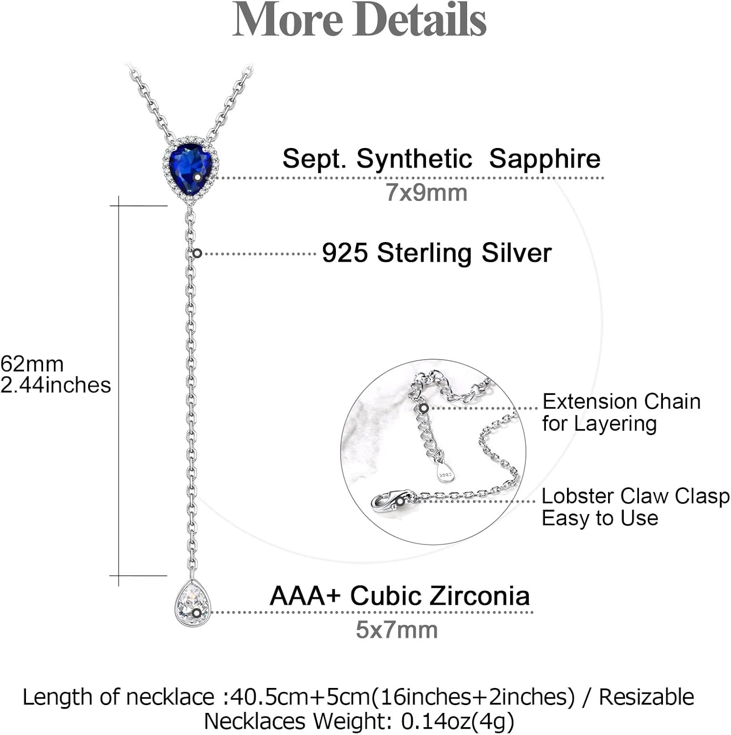 FOCALOOK 925 Sterling Silver Birthstone Long Pendant Necklace 16"-18" Y Drop Adjustable CZ Teardrop Lariat Necklaces for Women Mom Birthday Jewelry