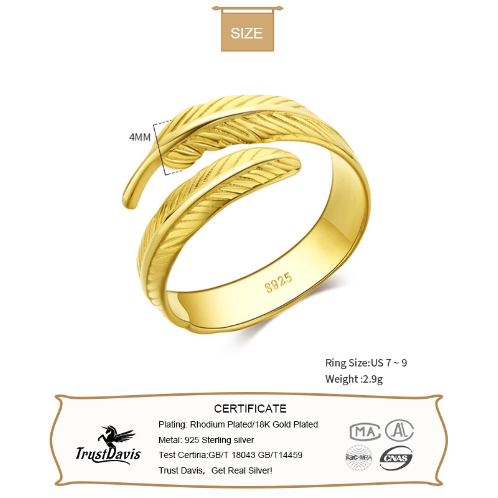 Anillo De Apertura De Pluma De Oro De 18 Quilates A La Moda De Plata De Ley 925 Auténtica para Mujer, Joyería Fina para Fiesta De Boda S925