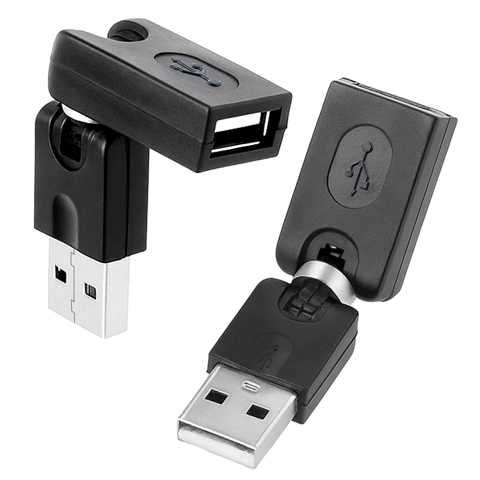 Confezione da 2 adattatori USB 2.0 girevoli a 360 gradi, da tipo A maschio a tipo A femmina, adattatore USB 2.0 nero regolabile ad angolo retto (AM-FM)