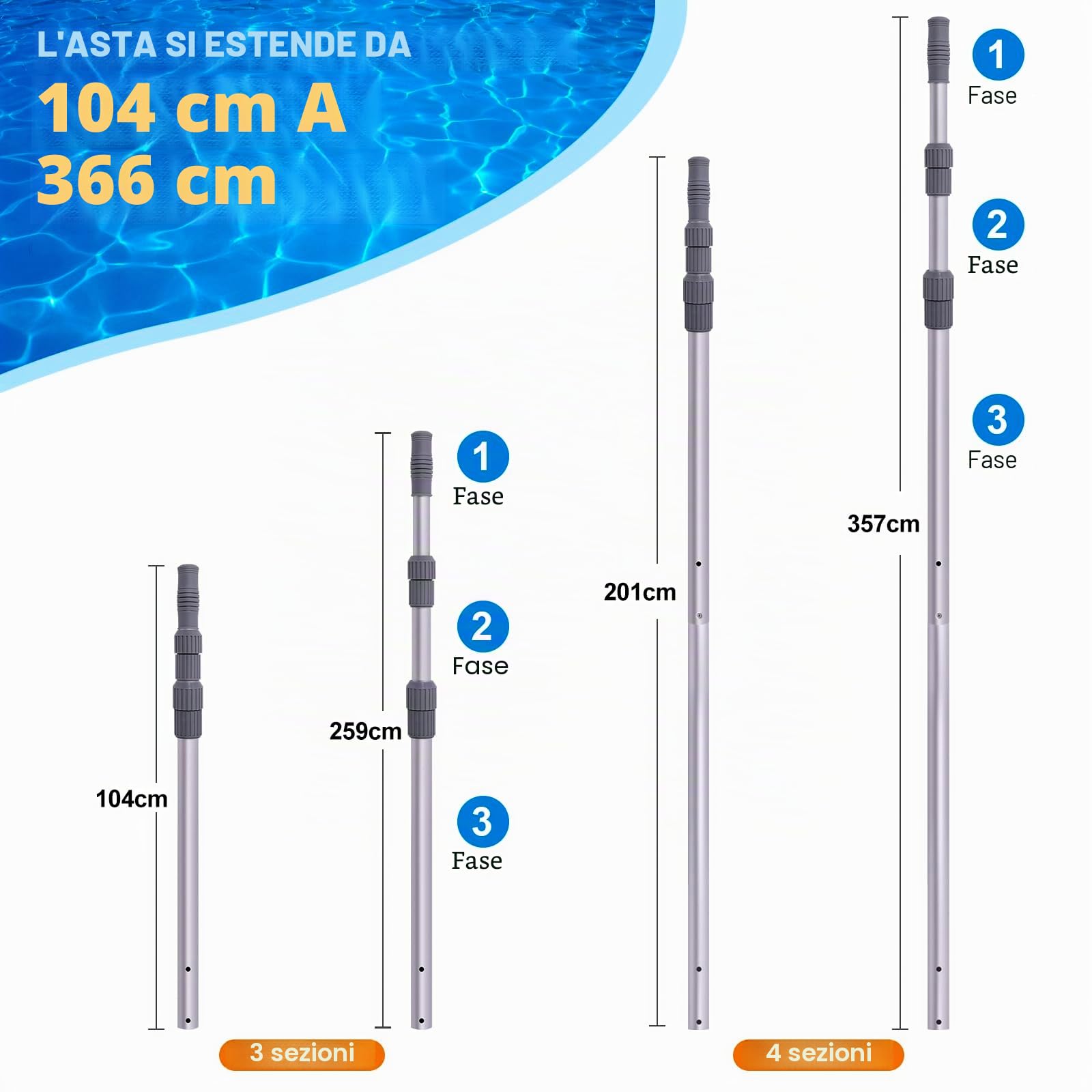 POOLAZA Asta per Piscina - Aste telescopiche professionali per la pulizia della piscina da 3,6 m, aste telescopiche regolabili, per retino skimmer, spazzola, testa di aspirazione