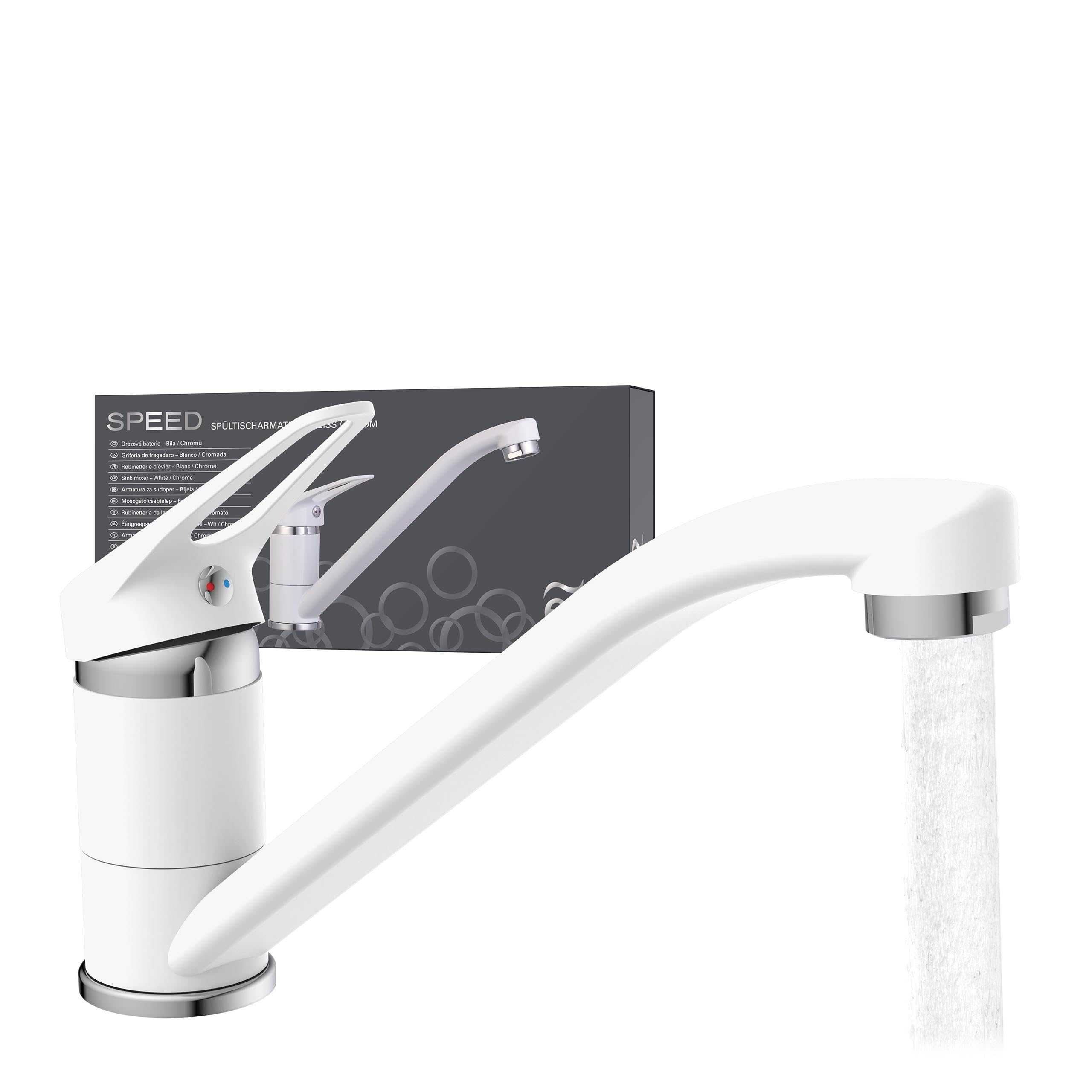 EISL Spültischarmatur SPEED, 360° schwenkbarer Wasserhahn Küche, ideale Küchenarmatur für Doppelspülbecken, Einhebelmischer Weiß, NI182SCR-W