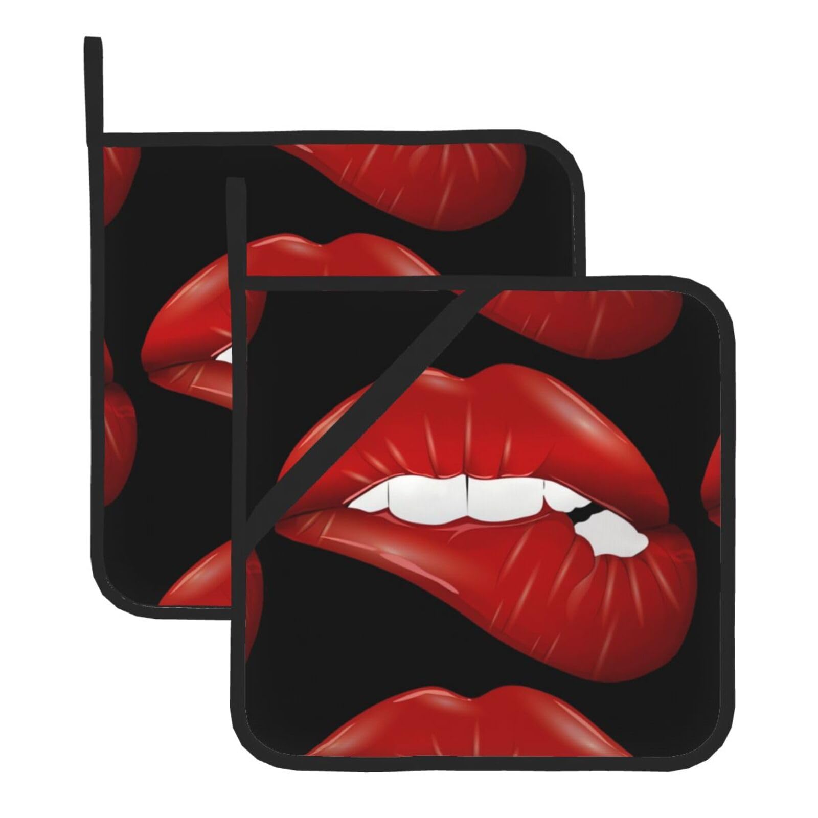 WHJDPP Lip Prints Square Hot Pads for Kitchen - Waterproof Pot Holders Set of 2, Durable Trivets with Pocket & Hanging Loop for Hot Dishes & Oven Use