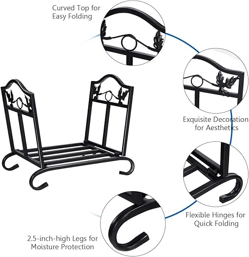 Miniatura 3 de Goplus Estante plegable de leña para leña, portador de almacenamiento de leña de hierro forjado, apilador de estufa de leña decorativo para
