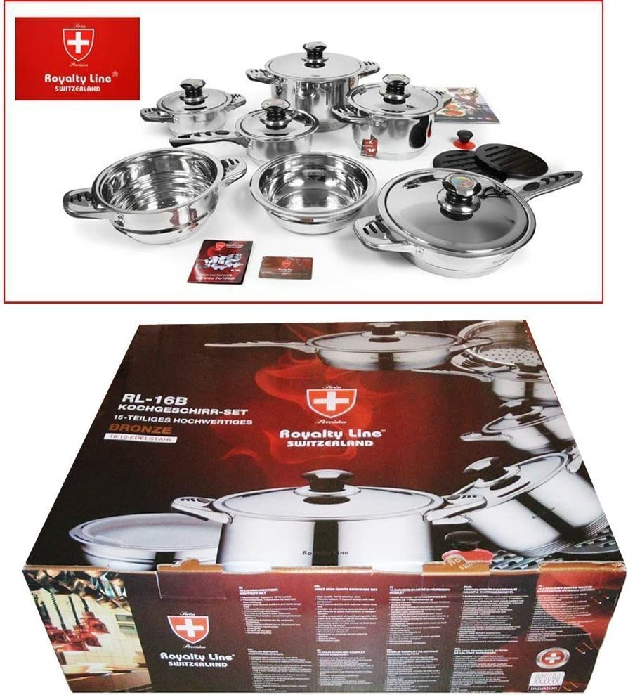 Set da cucina Batteria Pentole 16 pezzi PROFESSIONALE Royalty Line Switzerland, acciaio inox 18/10