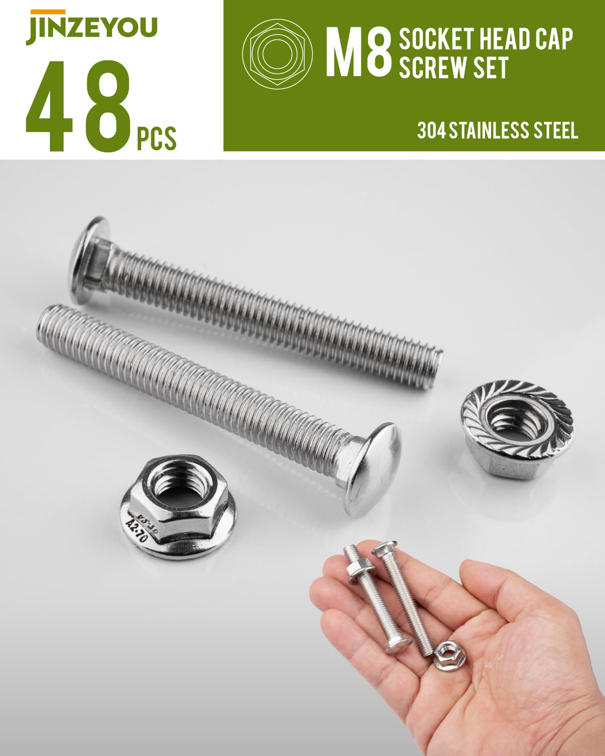 48 Pcs M8 Coach Bolts, M8 x 60mm Cup Square Carriage Bolts and Nuts Set, Stainless Steel Coach Screws with Hexagon Flange Nuts - Image 4
