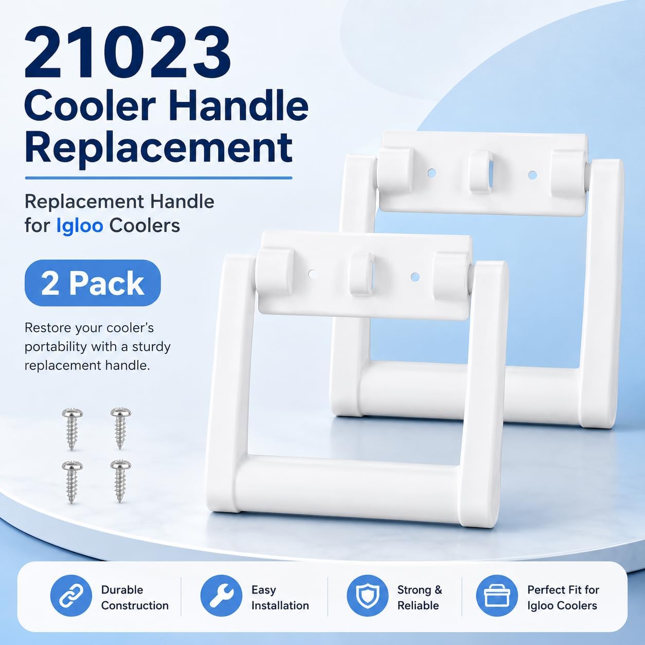21023 Cooler Handle Replacement for 25-72 Quart Coolers, 2 Pack | Includes 2 white plastic handles and screws for 25-72 quart cooler handle replacement.