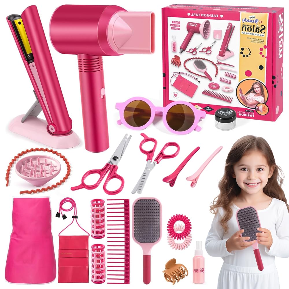 KBIBCK Juego de Peluquería para Niños, 22 Piezas Estilismo y Peluquería Conjunto Juego Belleza, Set Peluqueria y Maquillaje Juguete Niña, Set Peluqueria Juguete Niña, para Niño 3 4 5 6 7 8 9 Años Niña