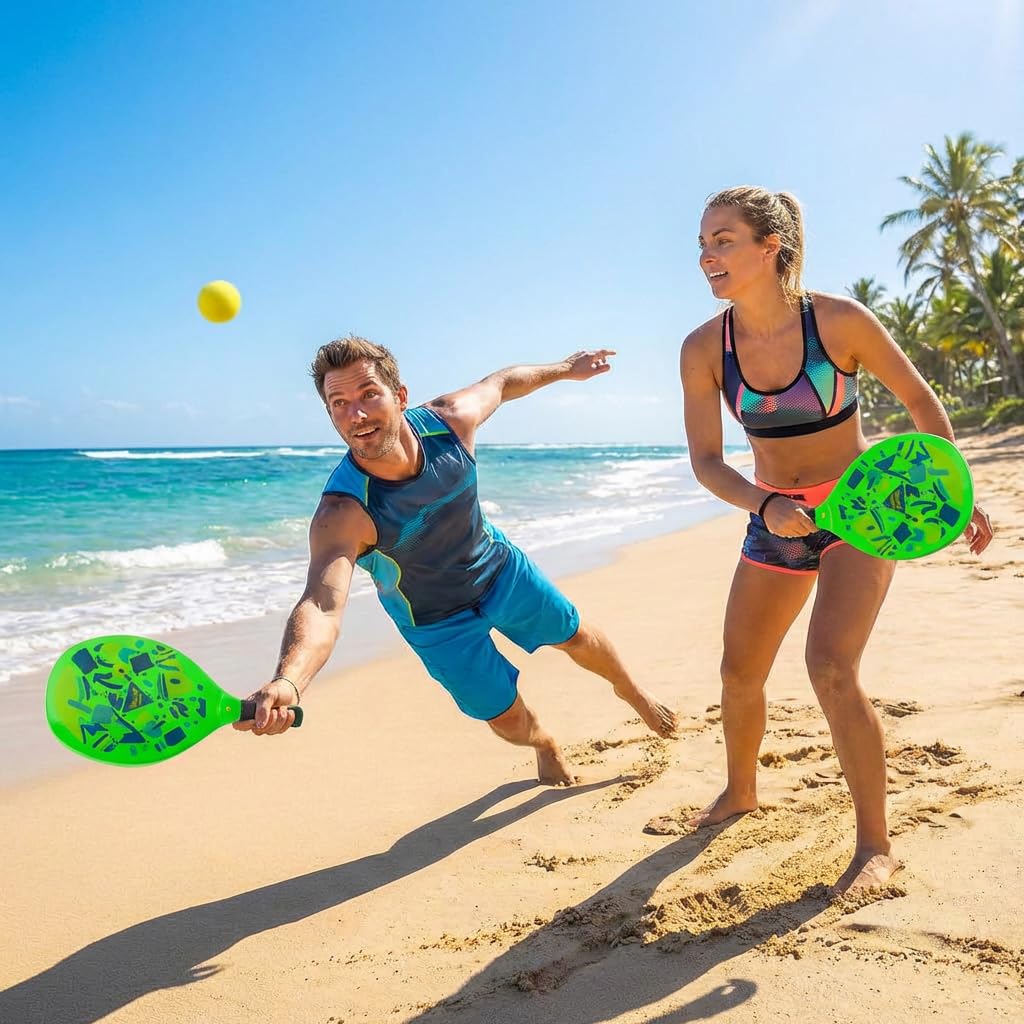 Coppia Racchette da Spiaggia Padel Beach Tennis con Pallina Morbida Set Racchettoni in Legno Mare, Spiaggia Piscina Mare Giardino, Beach Rackets Set N 2 Racchette, N 1 Pallina