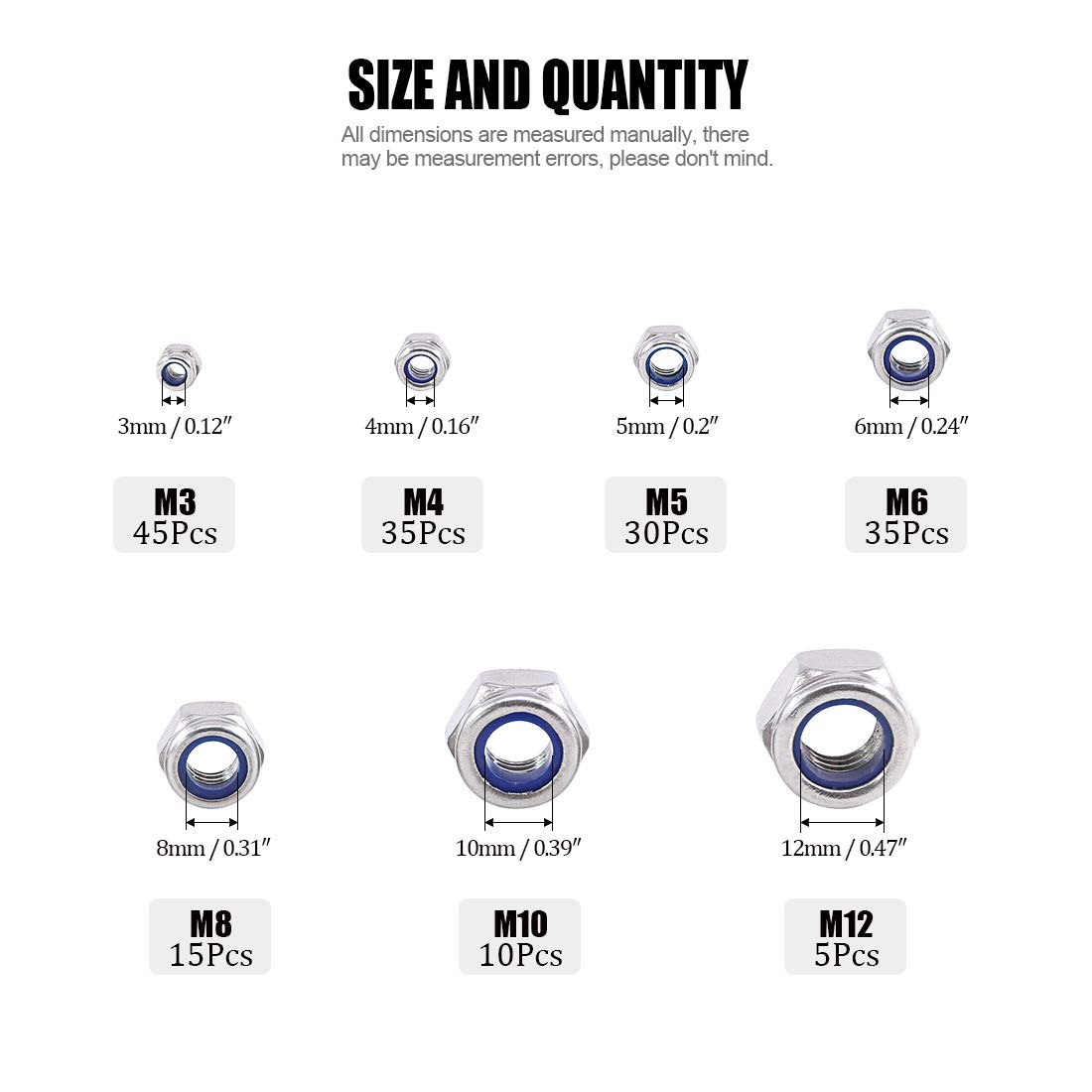 Glarks 175PCS metrica in acciaio INOX 304 dado di bloccaggio in nylon kit assortimento – m3 M4 M5 M6 M8 M10 M12