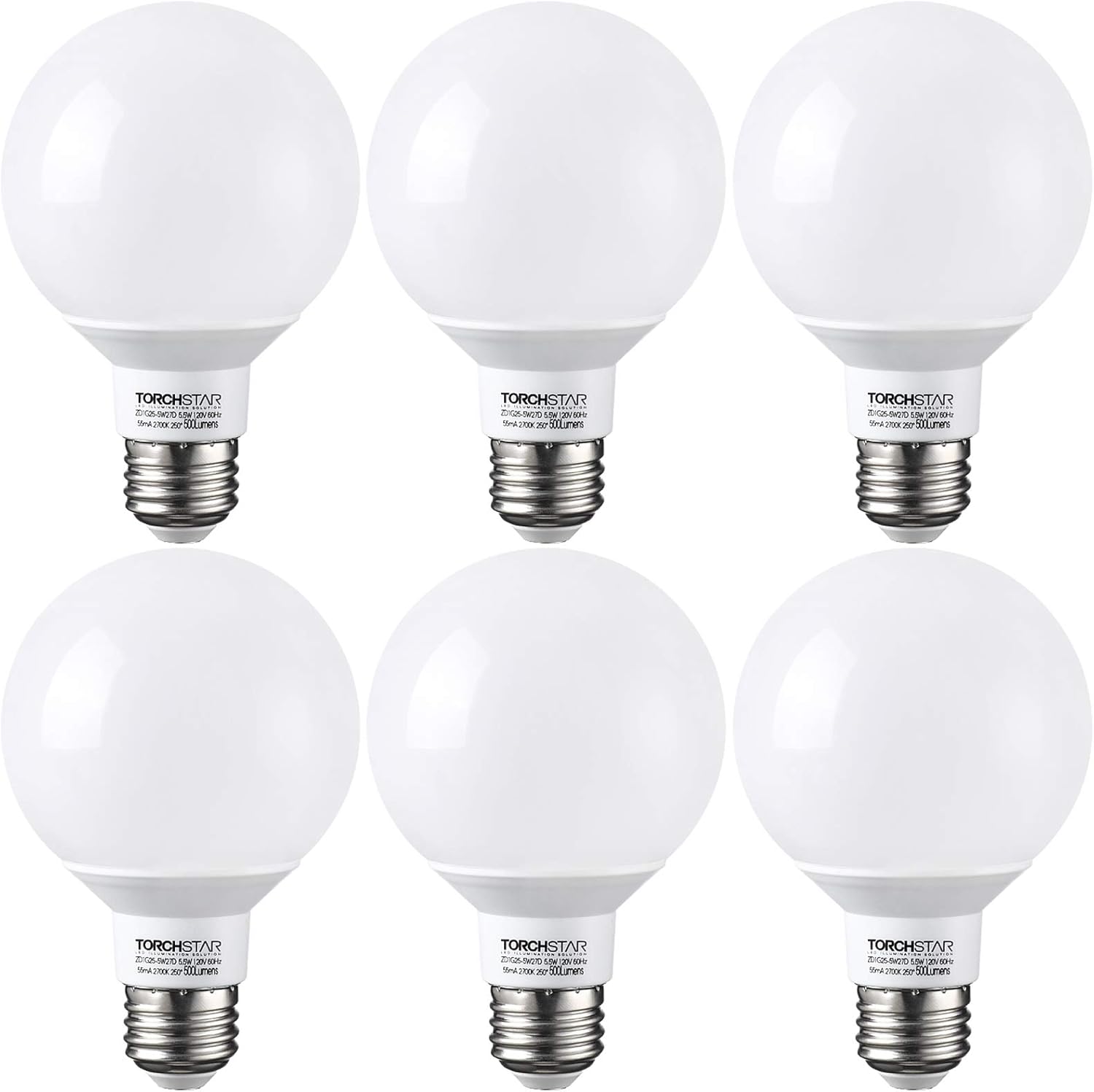 TORCHSTAR G25 LED Globe Light Bulbs, Dimmable, 2700K Soft White, Vanity Light Bulb, UL & Energy Star Listed, E26 Base, Pack of 6