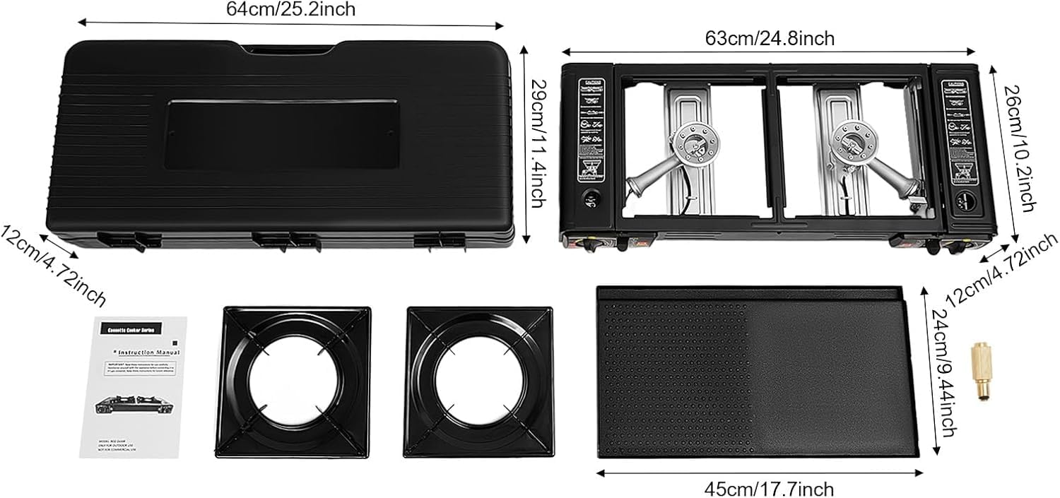 Set di barbecue a gas da campeggio 2 in 1, 2 fuochi con piastra e borsa per il trasporto, fornello da campeggio da 2500 W per bruciatore, accensione piezoelettrica, protezione da sovratensione