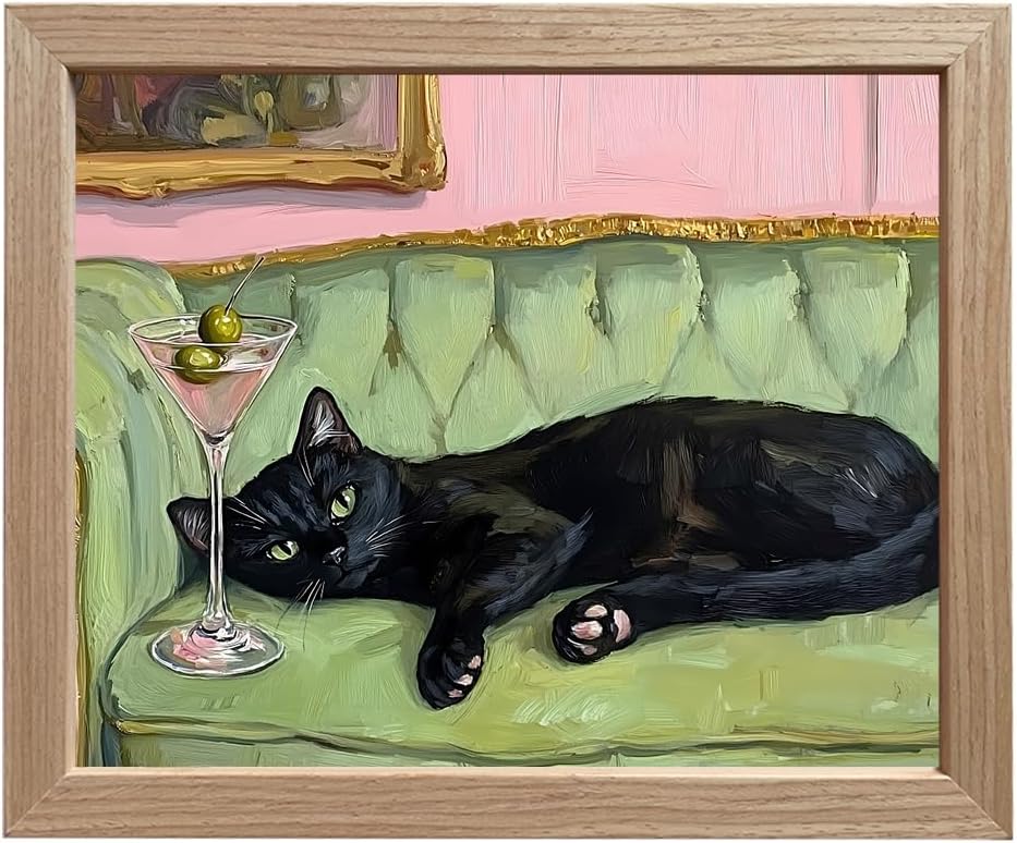 Black Cat Wall Art With Martini Framed Fun Cat Couch Print Poster Whimsical Animal Bar Cart Decor Funny Aesthetic Home Bedroom Decor