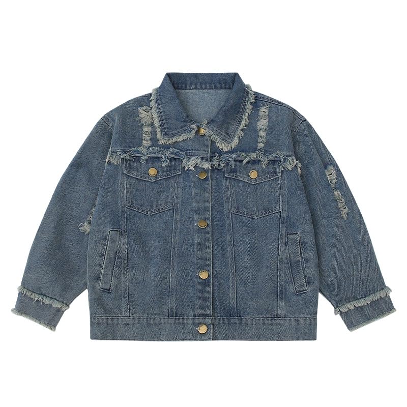ASHER FASHION Girls Denim Jacket Vintage Raw Ripped Jean Jackets Button Jeans Coats Fall Long Sleeve Shacket with Pockets4