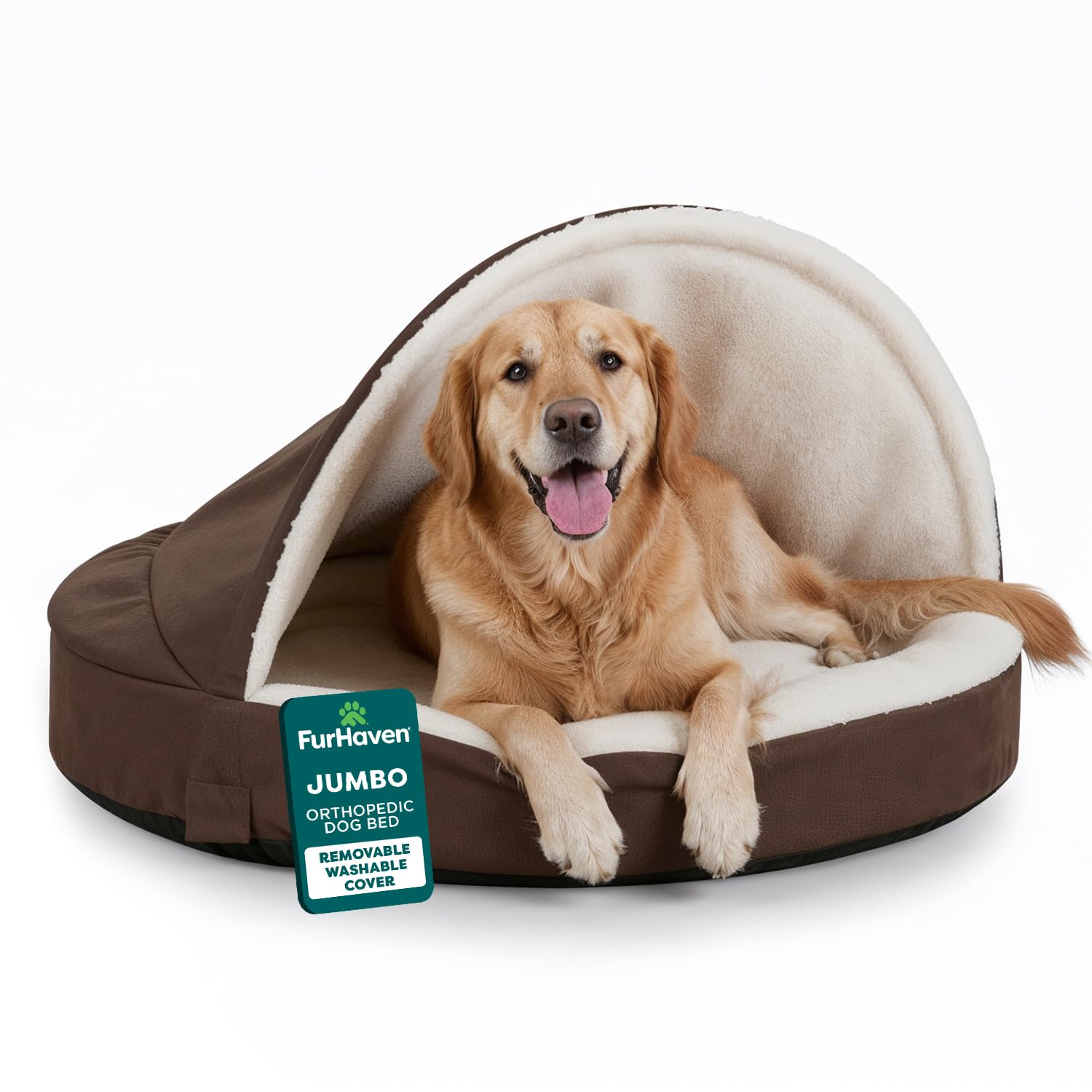 Furhaven 44" Round Orthopedic Dog Bed for Large Dogs w/ Removable Washable Cover, For Dogs Up to 80 lbs - Sherpa & Suede Snuggery - Espresso, 44-inch