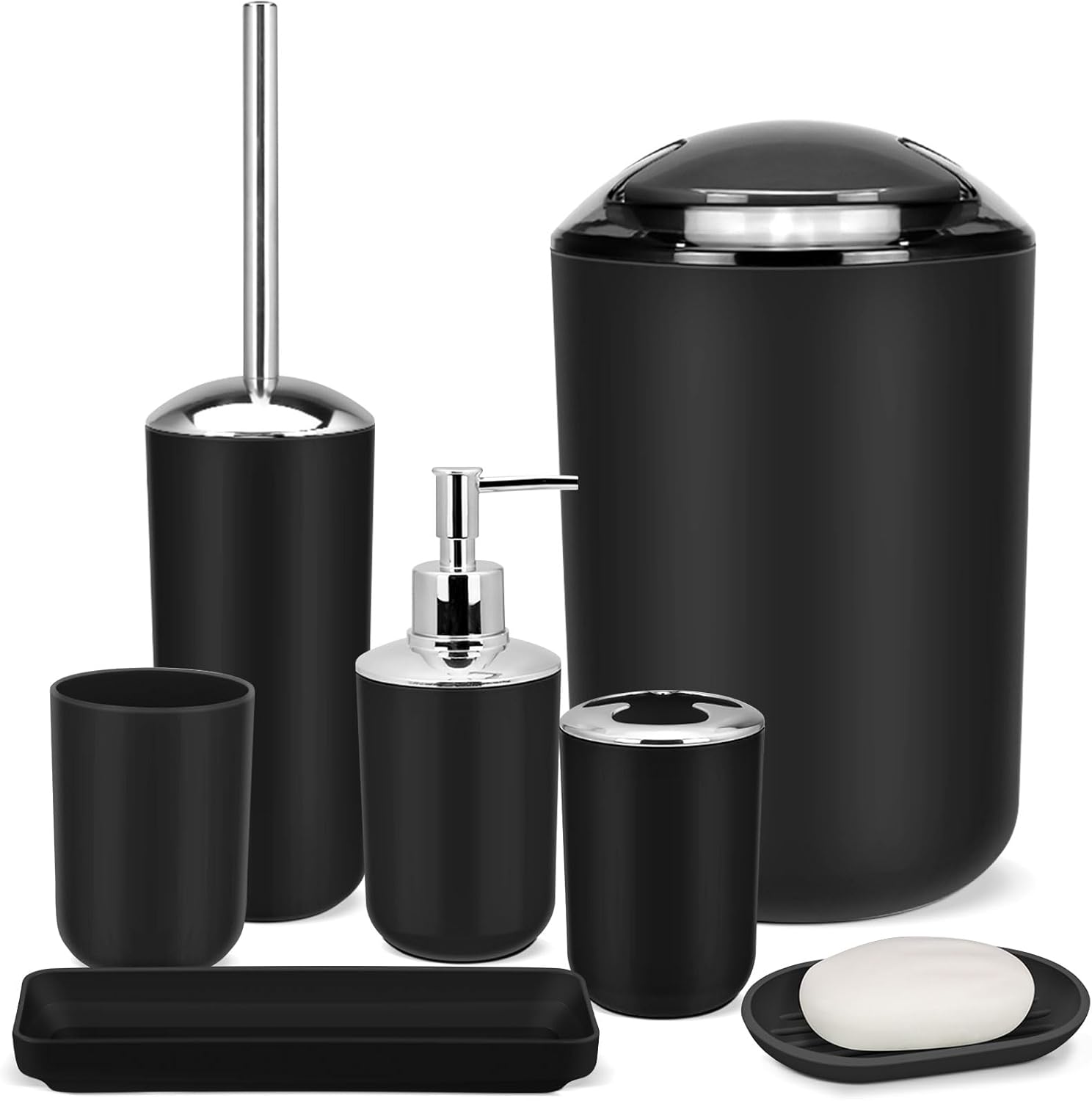 IMAVO Bathroom Accessories Set,Black Bathroom Set,7 Pieces Bathroom Accessory Set,Tray,Toilet Brush,Trash Can for Bathroom Décor and Housewarming Gifts IMAVO Bathroom Accessories Set,Black Bathroom Set,7 Pieces Bathroom Accessory Set,Tray,Toilet Brush,Trash Can for Bathroom Décor and Housewarming Gifts