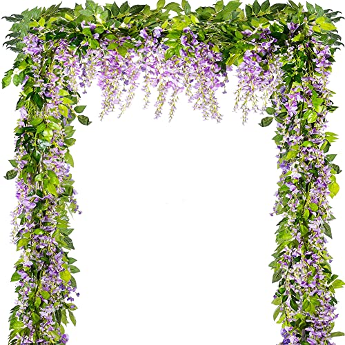 Wisteria Garland 5pcs Artificial Flowers Garland Wisteria Vine Artificial Hanging Flowers Plants Greenery Fake Leaf Garland for Wedding Kitchen Home Party Decor(Plurple)