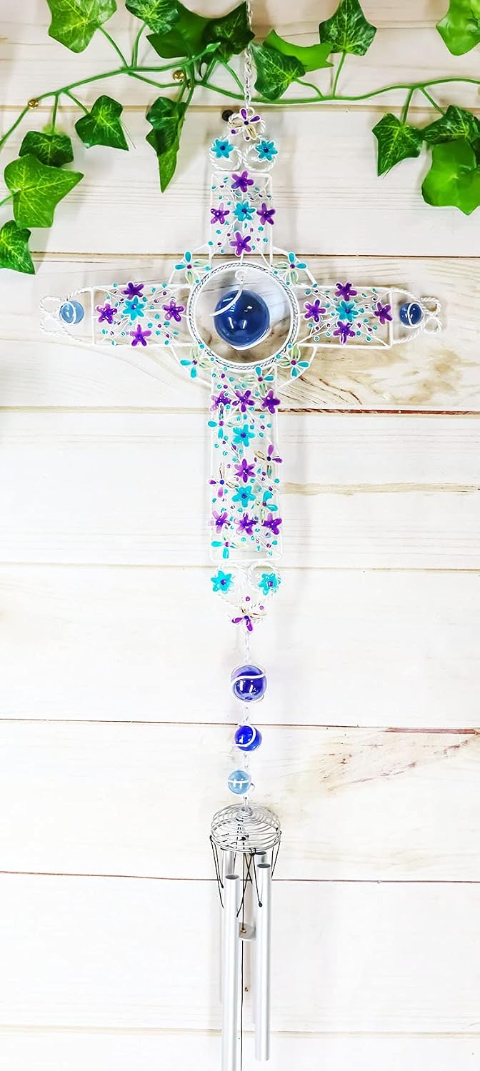 Ebros Colorful Celtic Floral Cross with Gemstones Resonant Relaxing Wind Chime 40" Long Aluminum Rods Hanging Mobile Home Patio Garden Decor Religious Catholic Christian Inspirational Windchimes