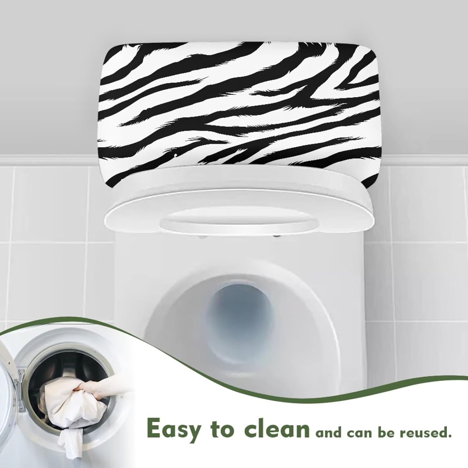 Zebra Stripes Printed Toilet Tank Lid Cover with Elastic Edge, Dust-Proof Easy Cleaning Toilet Tank Cover Replacement for Bathroom, Black and White