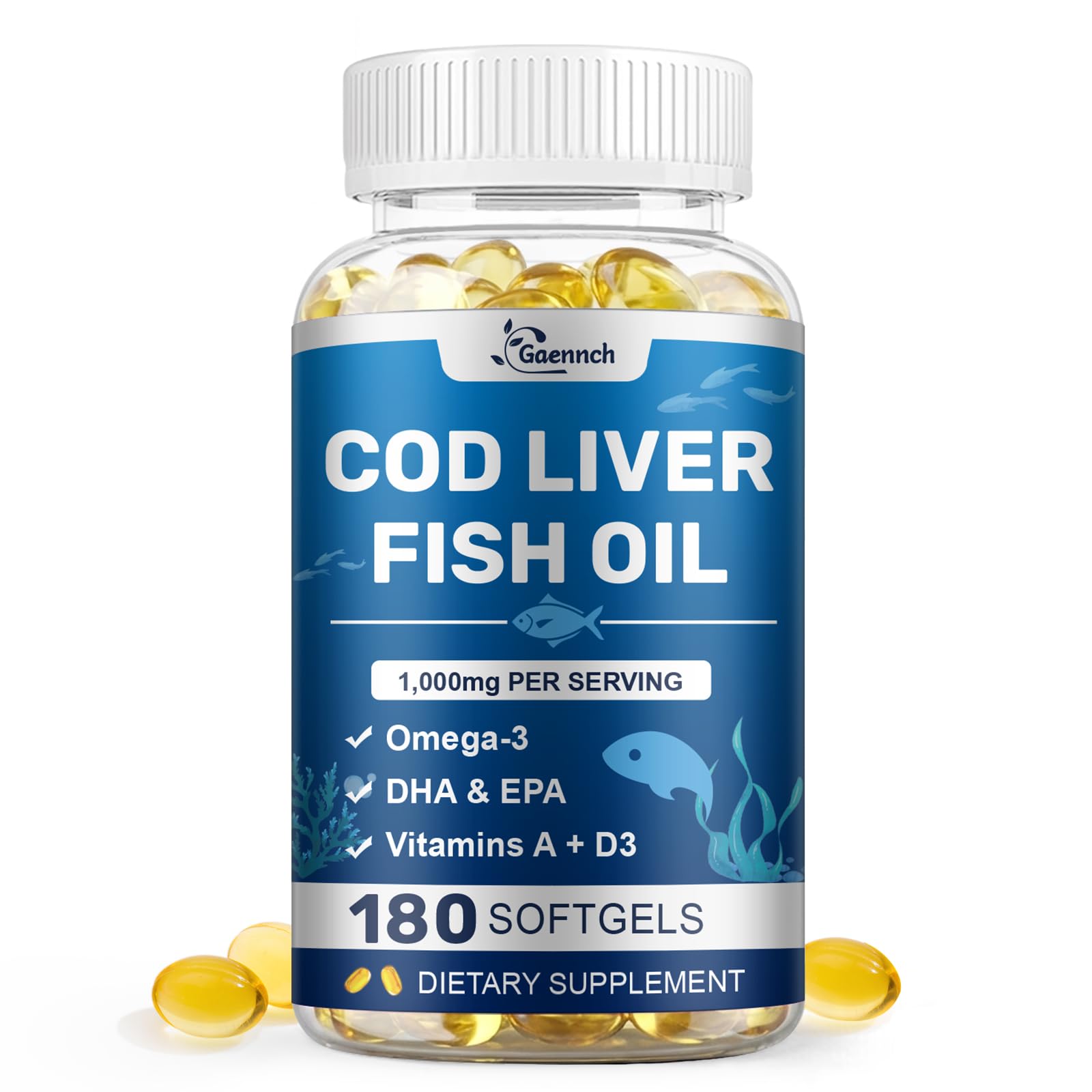 Gaennch Suplemento de Óleo de Fígado de Bacalhau 1.000 mg por porção, 180 cápsulas softgel