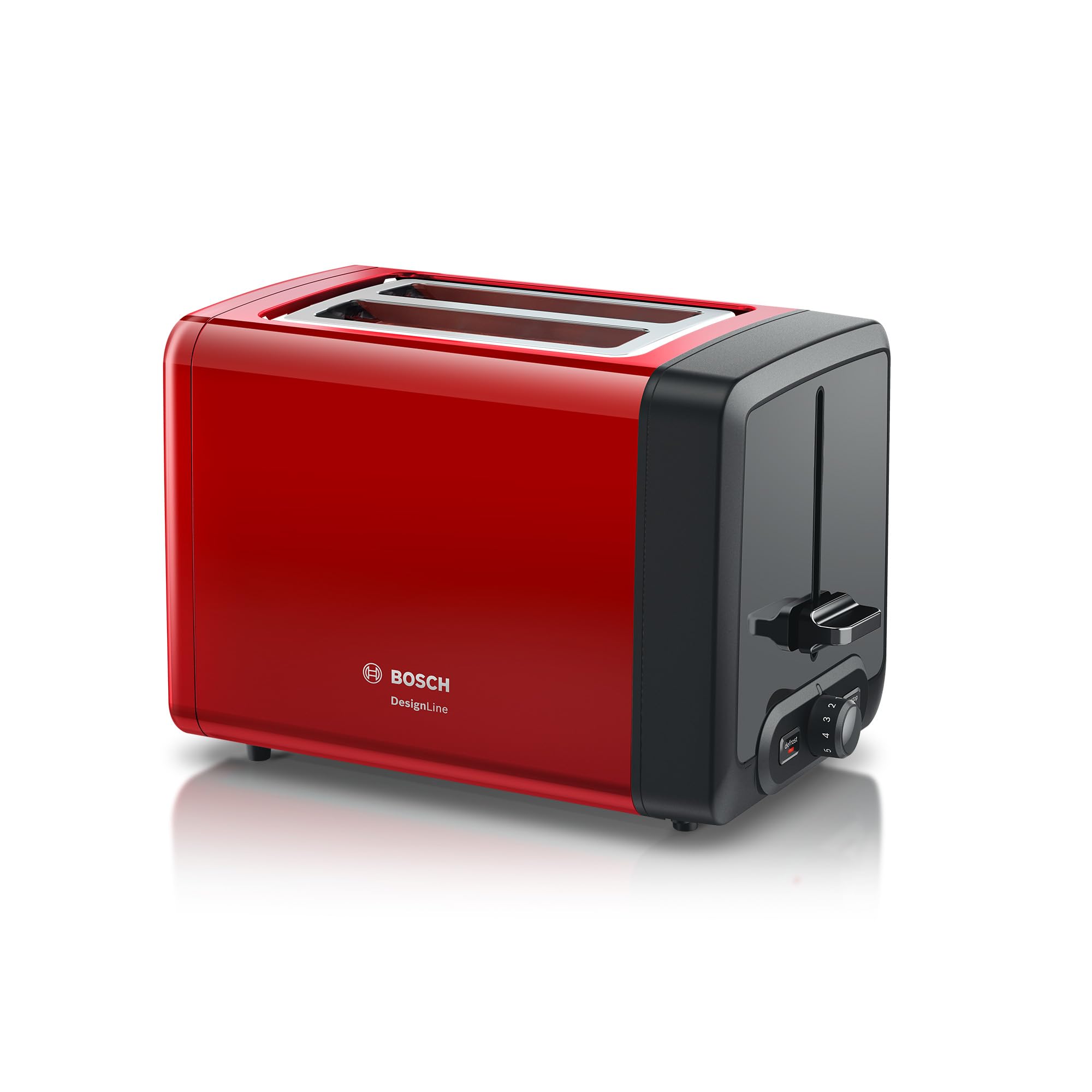 Bosch TAT4P424DE - Tostapane compatto DesignLine in acciaio INOX, con funzione di scongelamento, perfetto per 2 fette di tostapane e funzione lifting, largo, 970 W, colore: rosso