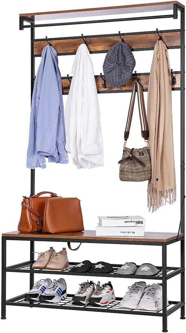 VIVOHOME 5-in-1 Entryway Hall Tree, Industrial Stand Organizer with Shoe Bench, Vintage MDF Wood Furniture with Stable Metal Frame