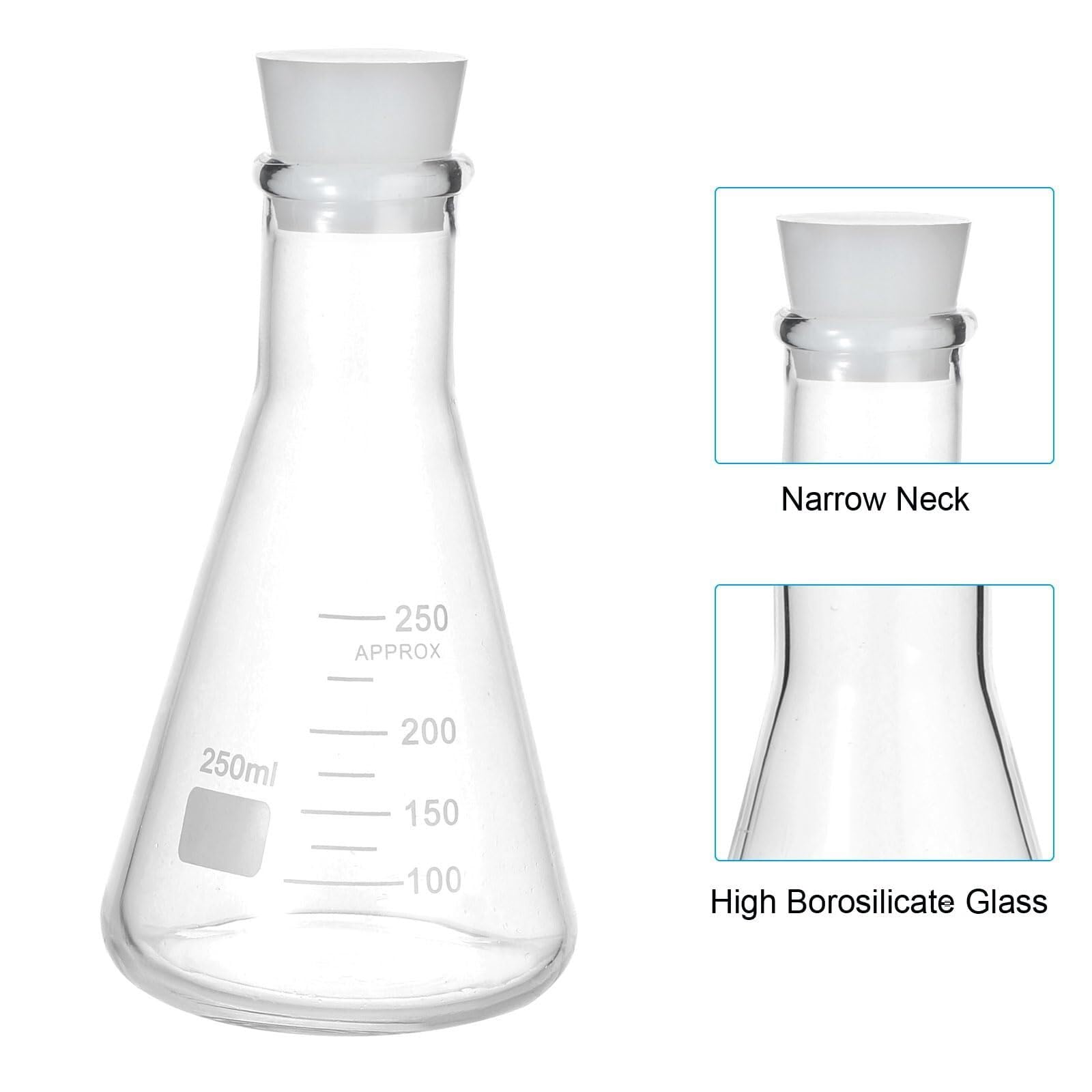 Matraz de Erlenmeyer, 2000ml Cuello Estrecho Vidrio de Borosilicato con Tapón de Silicona y Graduación Impresa(1,250ml/8.5oz)