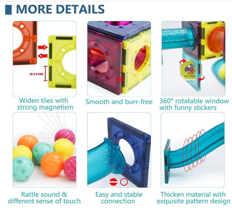 Image of VGRASSP 49 Pcs Magnetic Building Blocks Marble Run Track Set Toy for Kids with LED Lights - Educational STEM Construction Toy Kit with Strong Magnets - Color As Per Stock